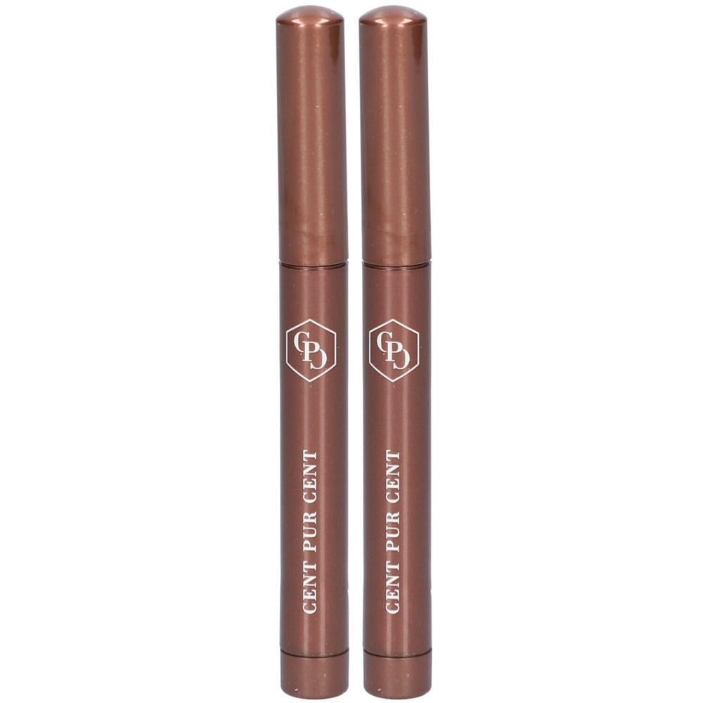 Deux sticks bronze avec logo blanc et texte CENT PUR CENT. Forme cylindrique, aspect métallique.