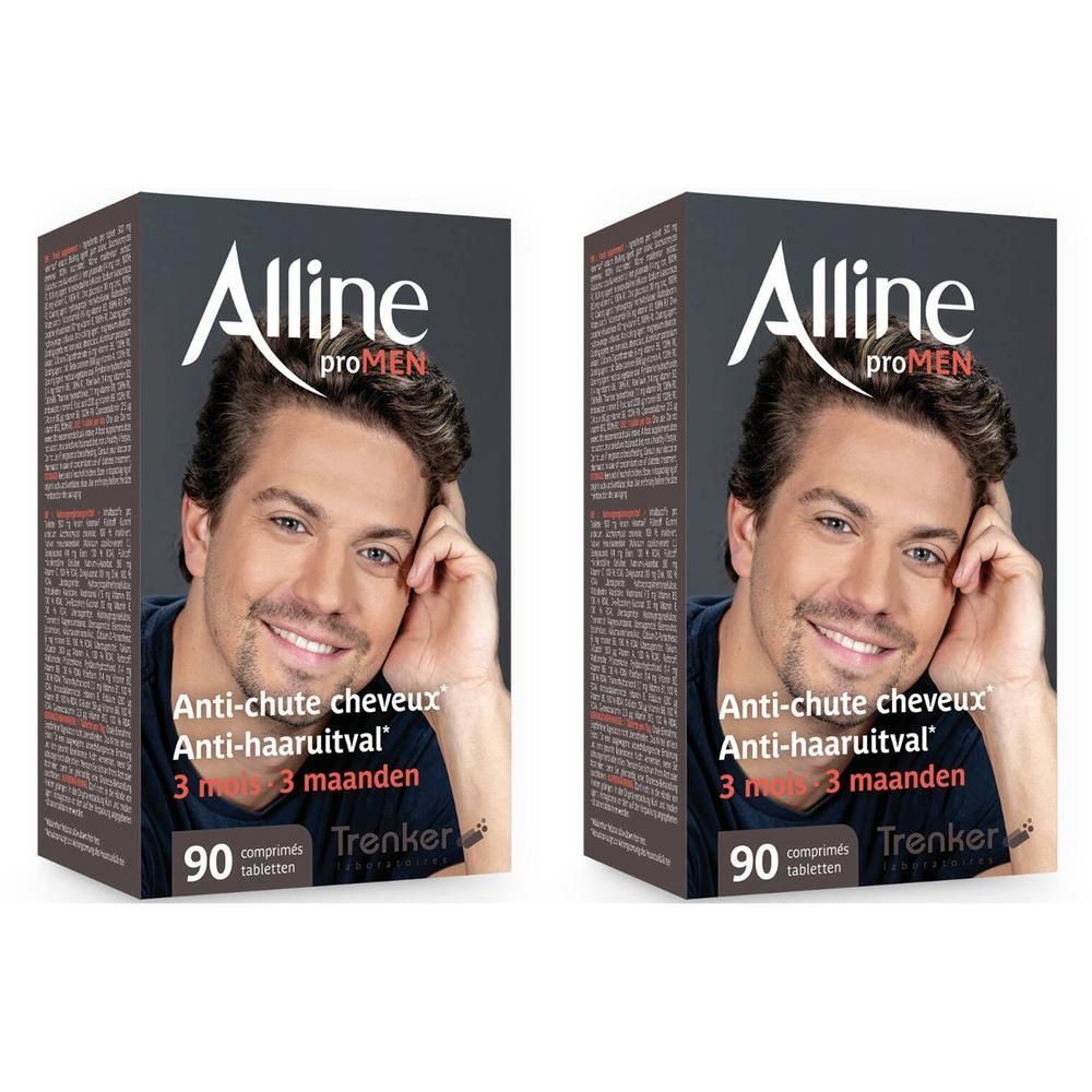 Deux boîtes Alline proMEN. Inscription: Anti-chute cheveux, 90 comprimés. Image d'un homme.