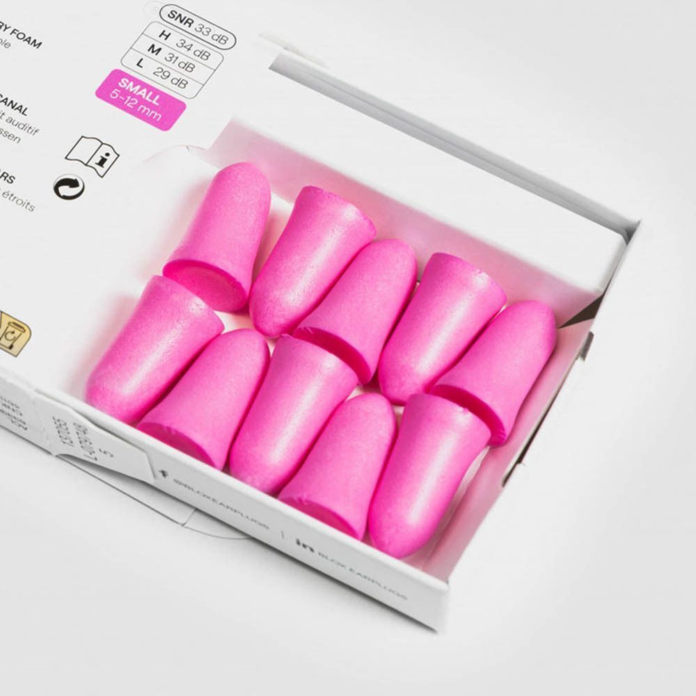 Deux bouchons d'oreilles en mousse blox® roses, petits, sur fond blanc.