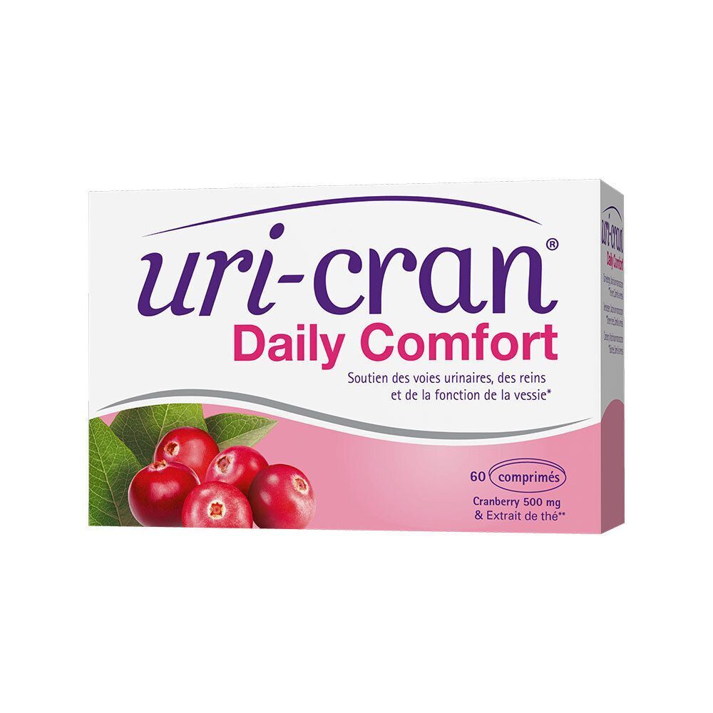 Boîte de Uri-Cran Daily Comfort aux canneberges. Contient 60 comprimés, Canneberge 500 mg & Extrait de thé.
