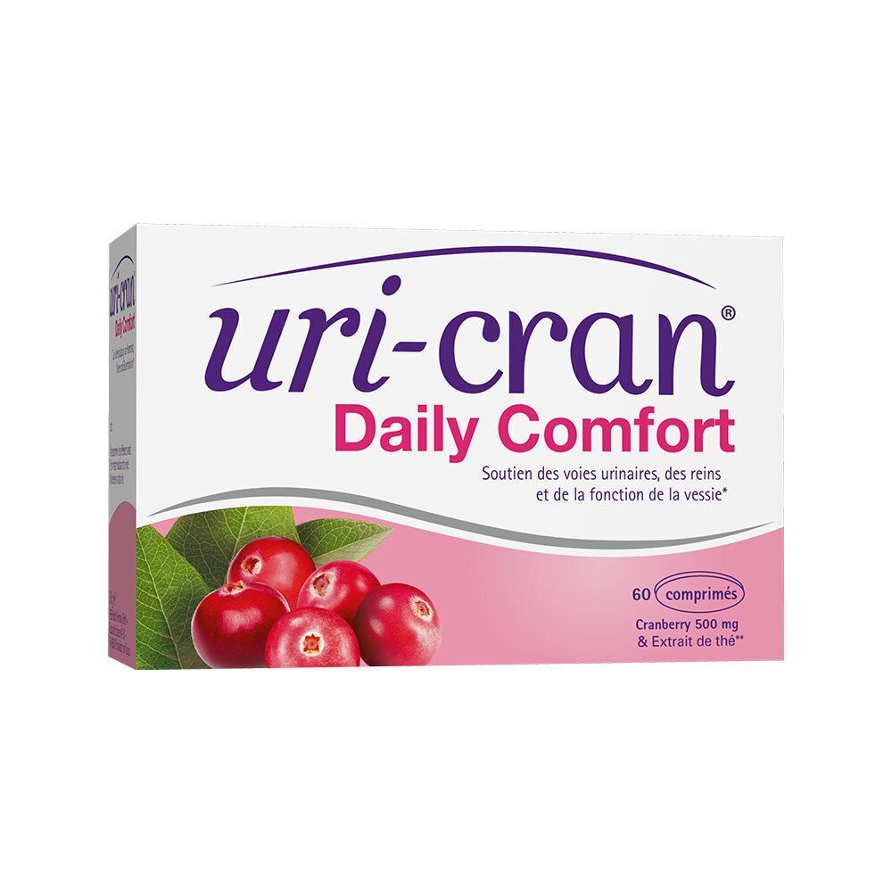 Vue latérale d'une boîte de Uri-Cran Daily Comfort. Montre des canneberges et des informations textuelles.