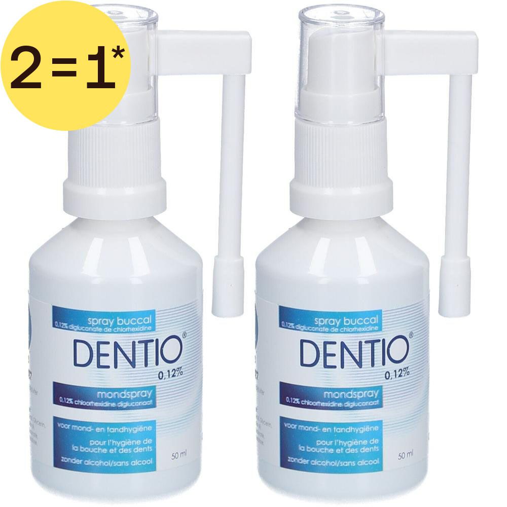 Deux flacons pulvérisateurs blancs Dentio® 0,12% spray buccal avec applicateur.