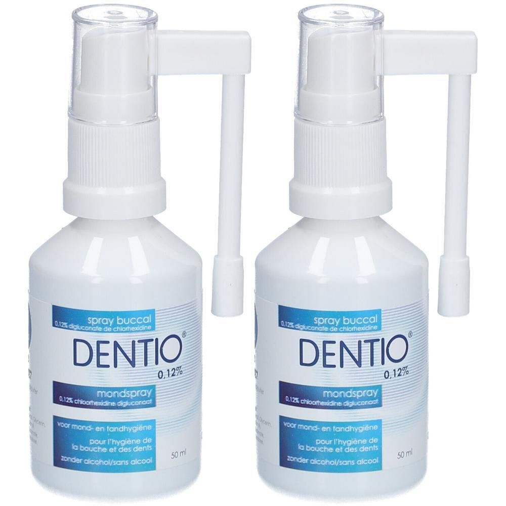 Deux flacons pulvérisateurs blancs Dentio® 0,12% spray buccal avec applicateur.