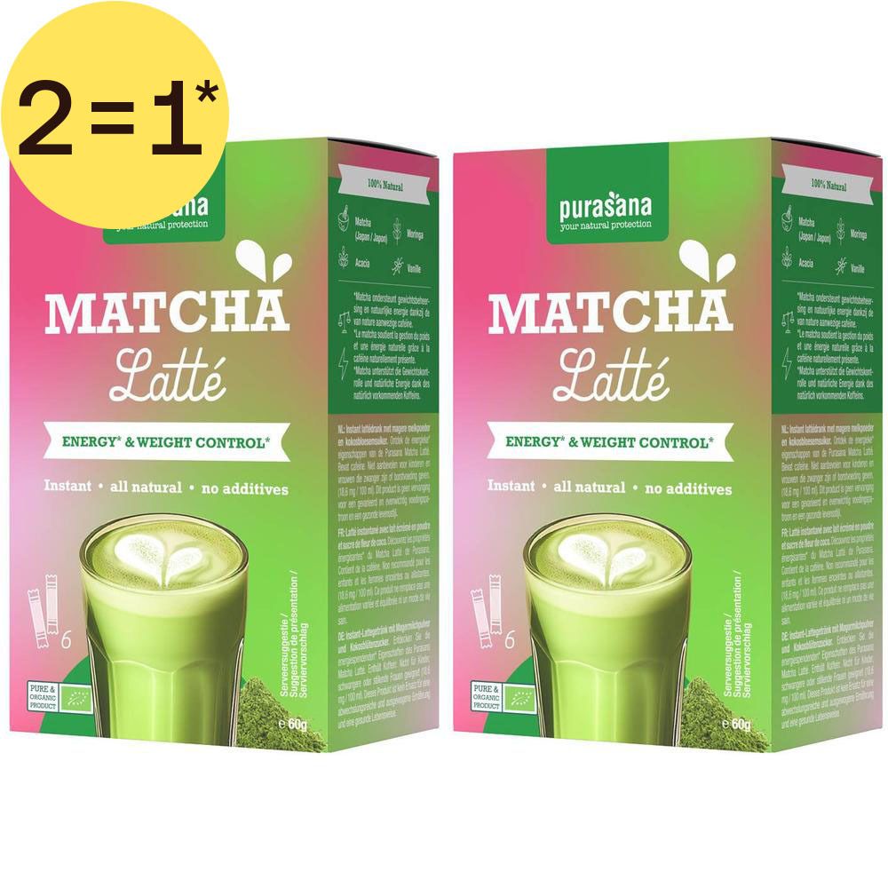Deux paquets de Purasana Matcha Latte Bio avec un verre de Matcha Latte.