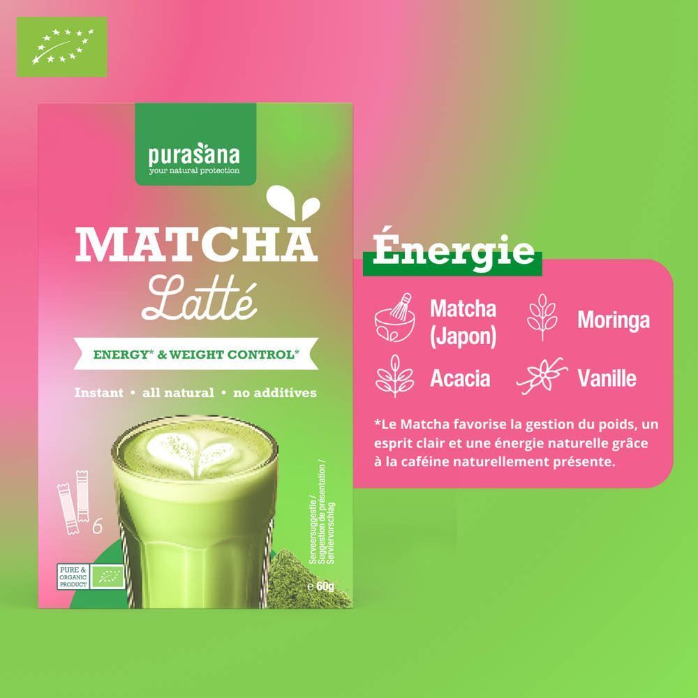Purasana Matcha Latte Bio: Informations sur l'énergie, le matcha, le moringa, l'acacia et la vanille.