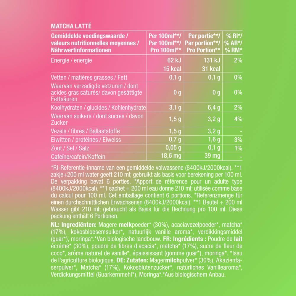 Purasana Matcha Latte Bio: Liste des ingrédients et informations nutritionnelles en français.