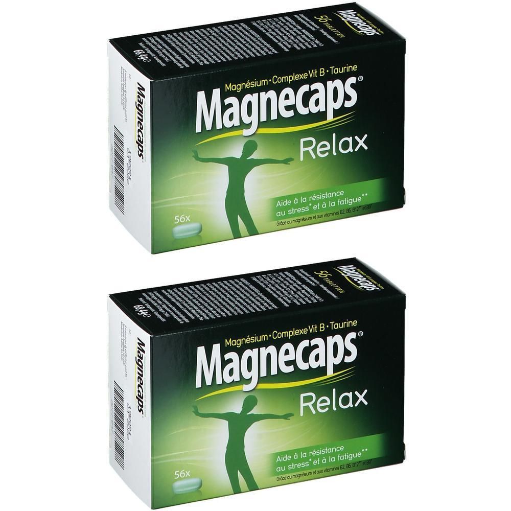 Deux boîtes de Magnecaps® Relax, 56 capsules chacune. Emballage vert avec homme stylisé.