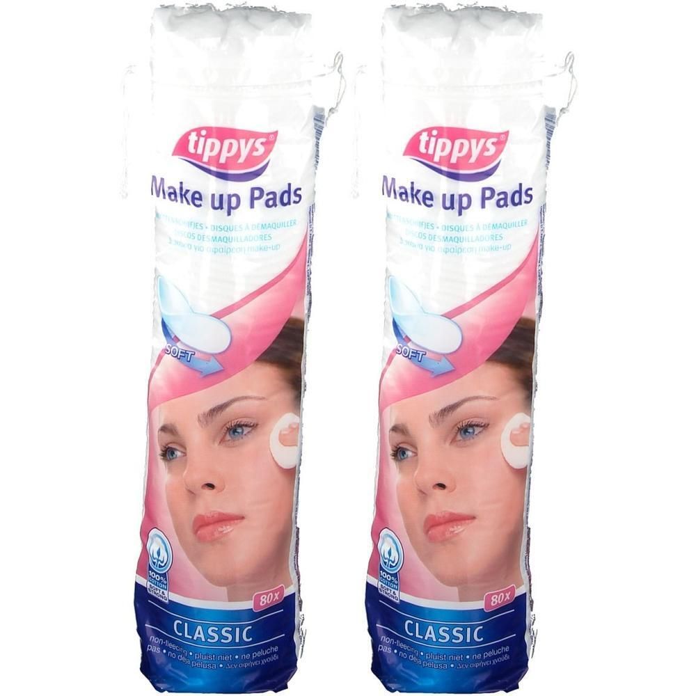 Deux paquets de cotons démaquillants Tippys, Classic, avec illustrations de visages.