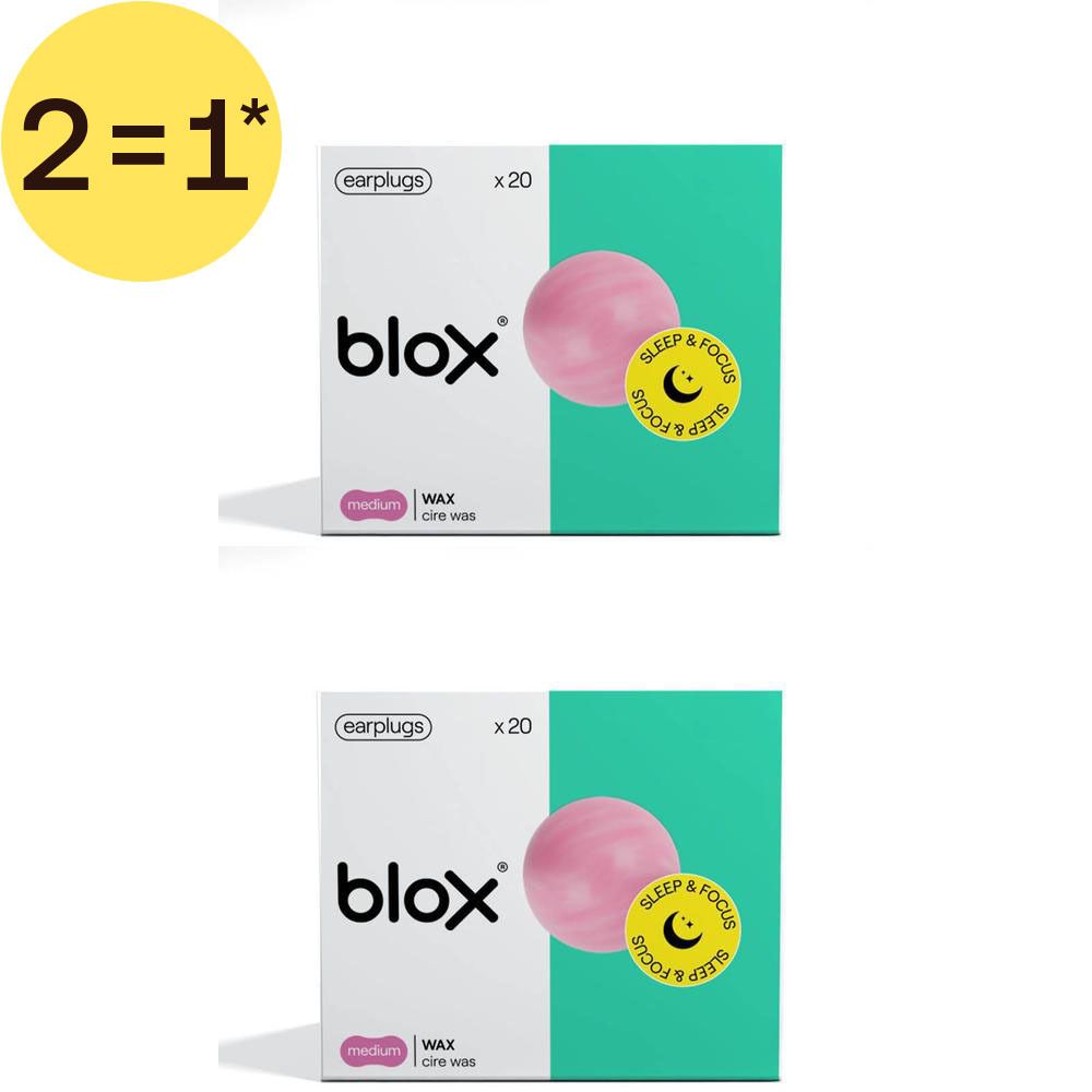 Deux paquets de bouchons d'oreilles Blox en cire naturelle, taille medium, 20 pièces par paquet.