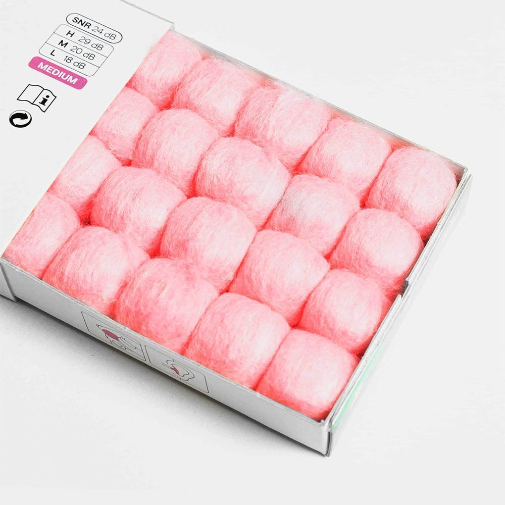 Un paquet ouvert de 20 bouchons d'oreilles en cire naturelle rose, taille medium.