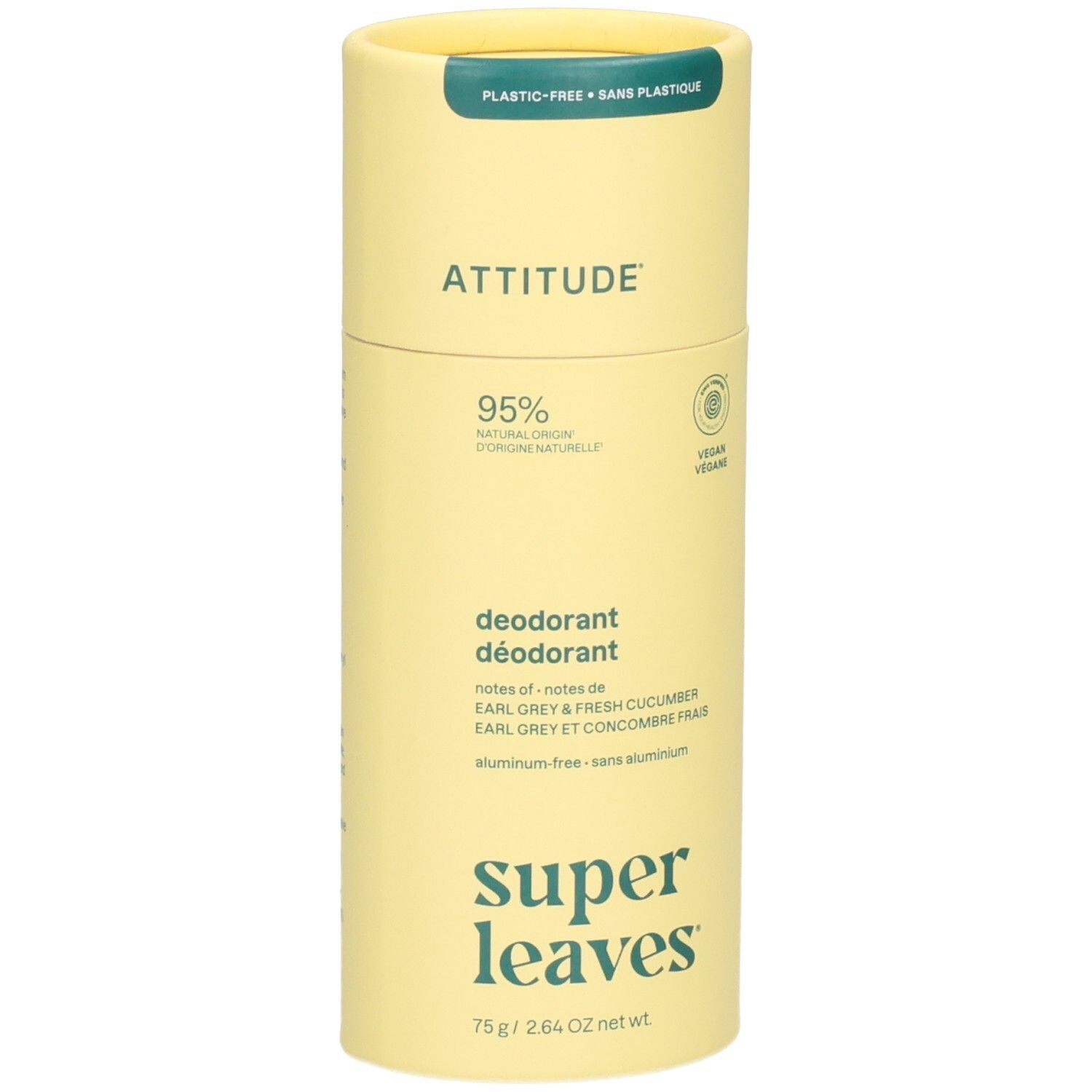 ATTITUDE Déodorant Super Leaves Earl Grey & Concombre, 75g. Sans plastique.
