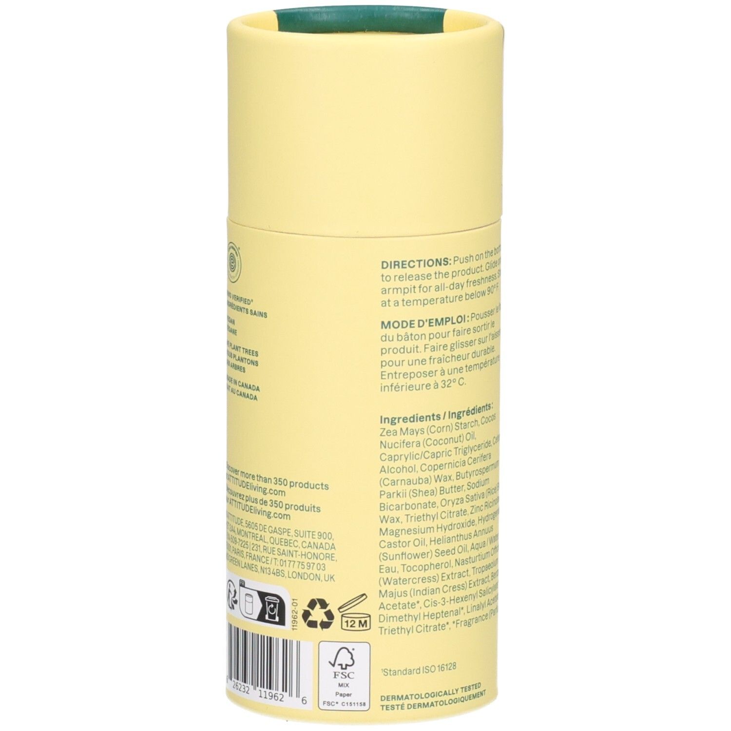 ATTITUDE Déodorant Super Leaves Earl Grey & Concombre, 75g. Vue latérale avec ingrédients et code-barres.