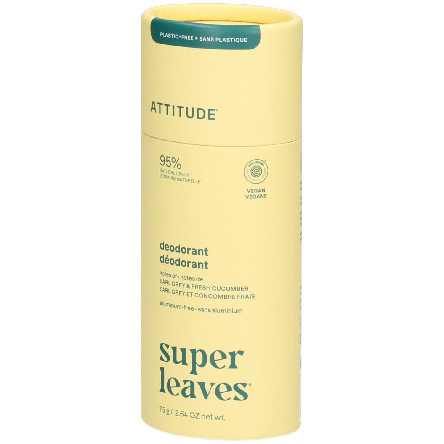 ATTITUDE Déodorant Super Leaves Earl Grey & Concombre, 75g. Sans plastique.