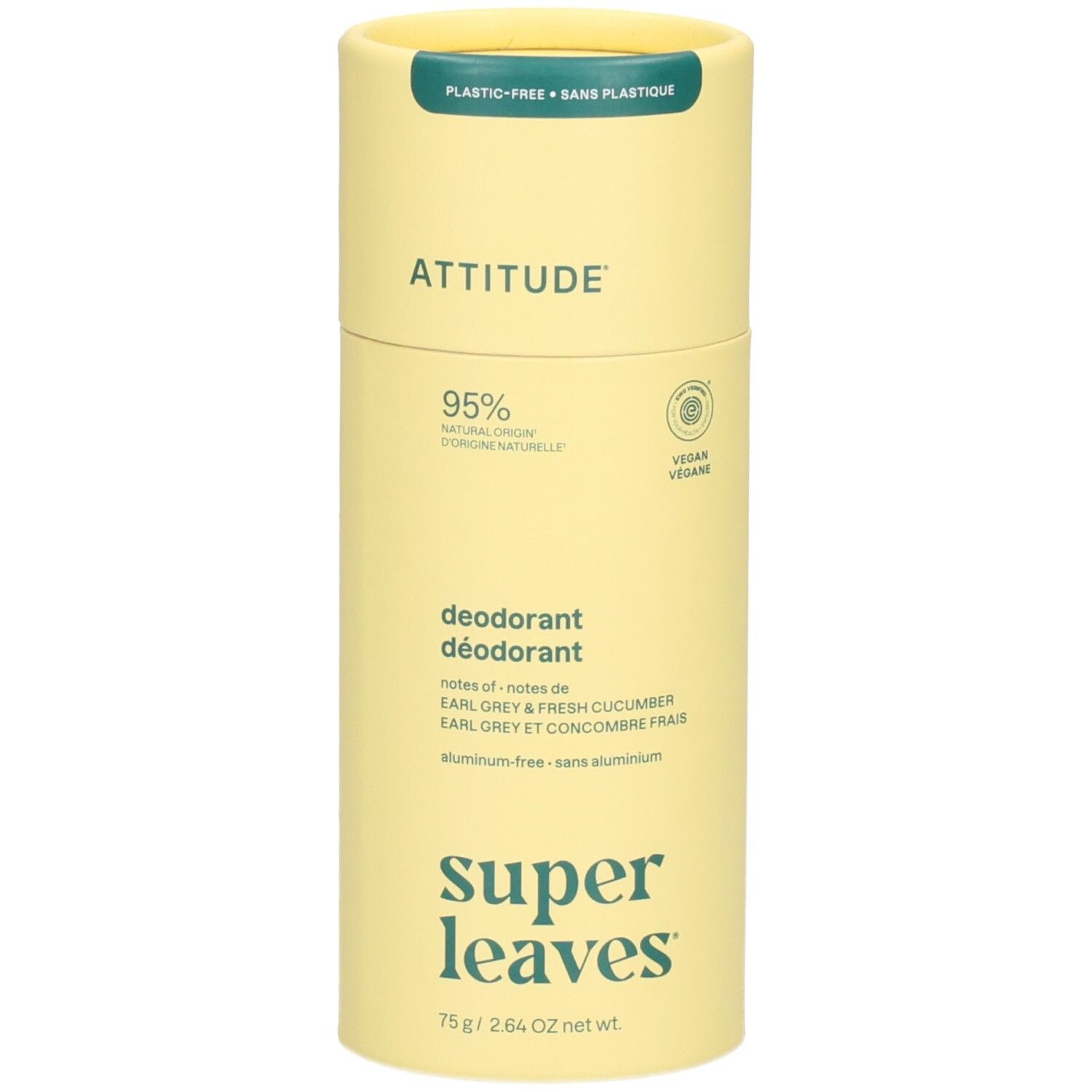 ATTITUDE Déodorant Super Leaves Earl Grey & Concombre, 75g. Avant avec sceaux et informations fabricant.