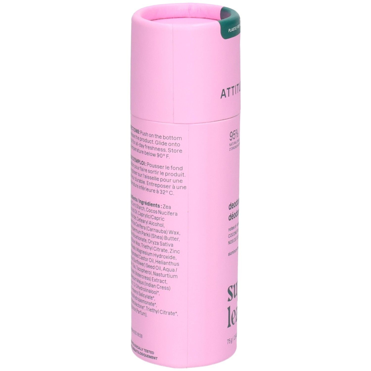 ATTITUDE Déodorant Super Leaves, verso avec liste des ingrédients et mode d'emploi.