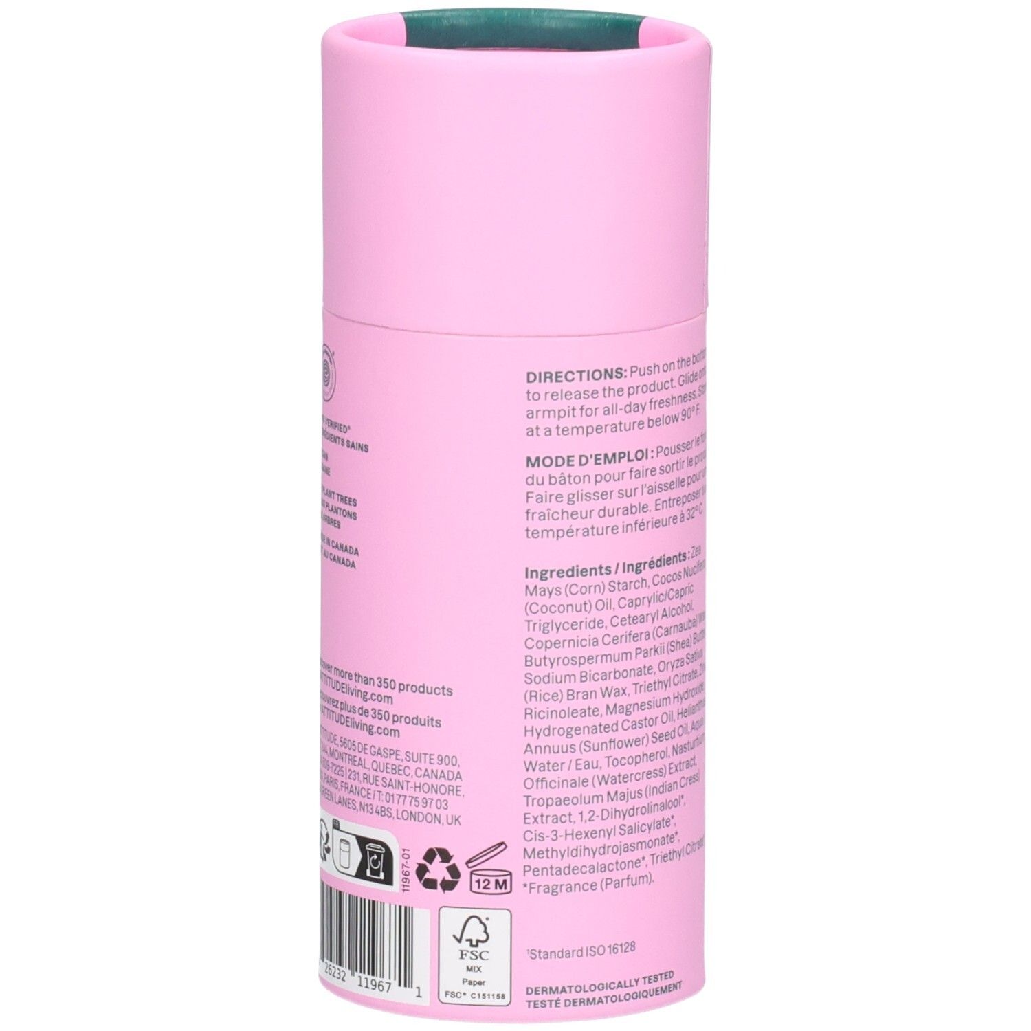 ATTITUDE Déodorant Super Leaves, vue latérale avec ingrédients, origine et certifications.