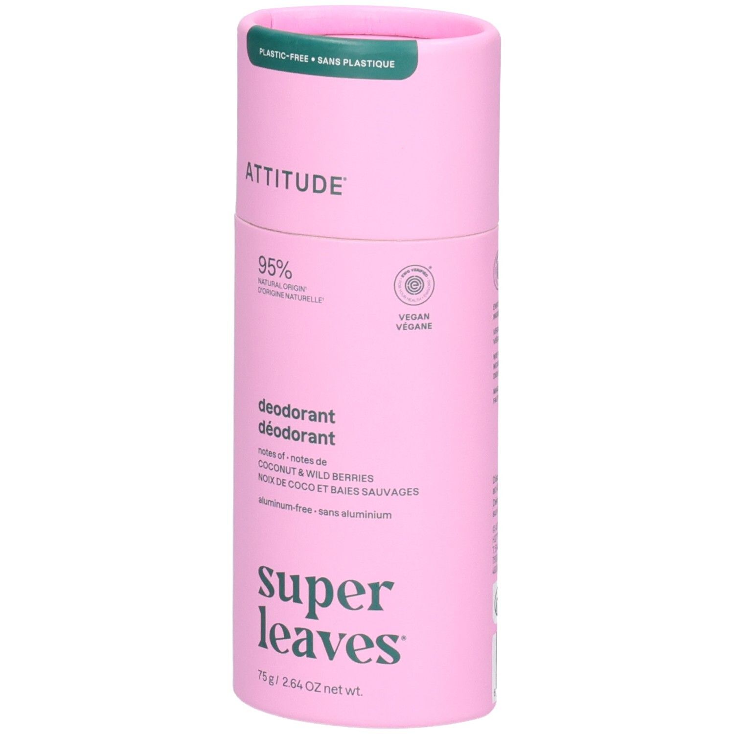 ATTITUDE Déodorant Super Leaves, Noix de Coco & Fruits Sauvages, 75g, emballage rose, face avant.