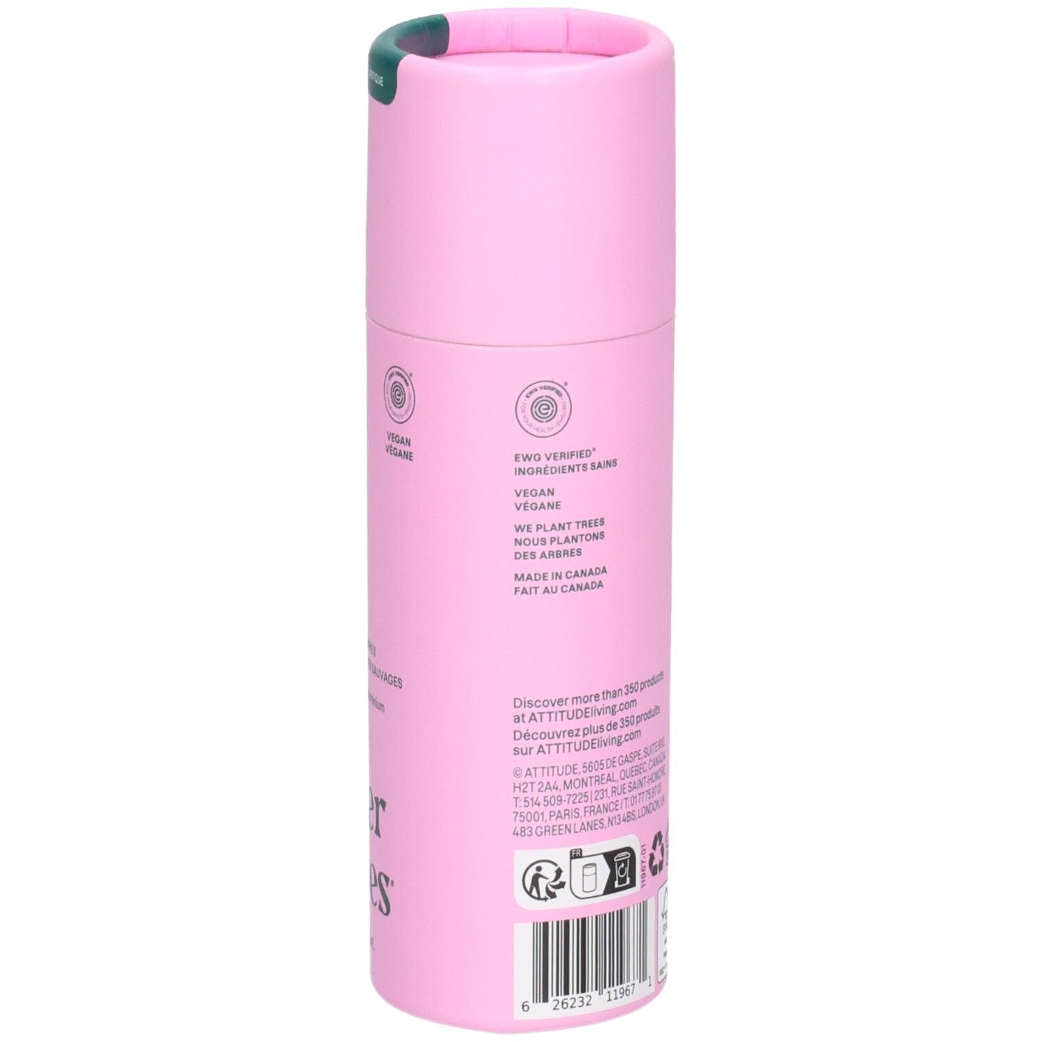 ATTITUDE Déodorant Super Leaves, vue latérale avec certification végane et indication d'origine.