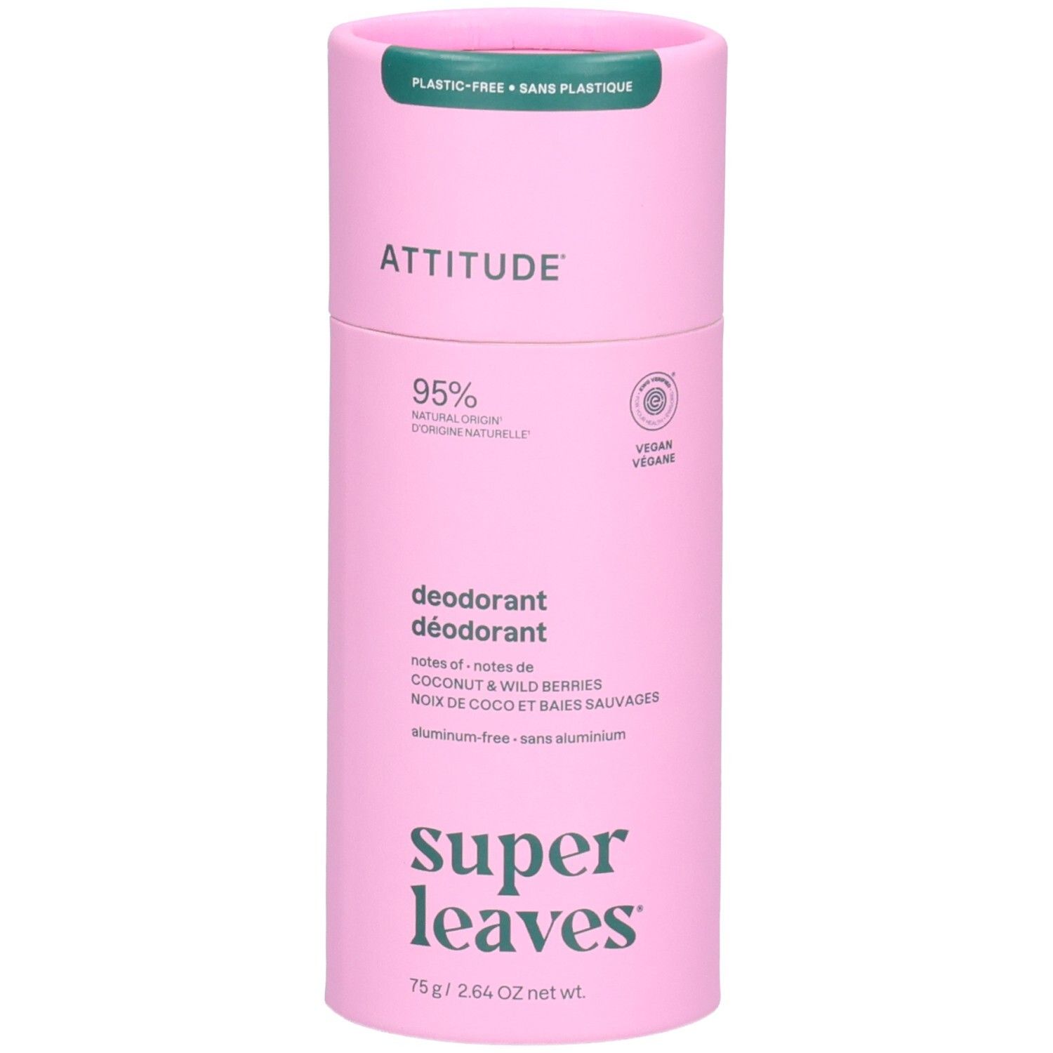ATTITUDE Déodorant Super Leaves, emballage rose avec capuchon, 75g.