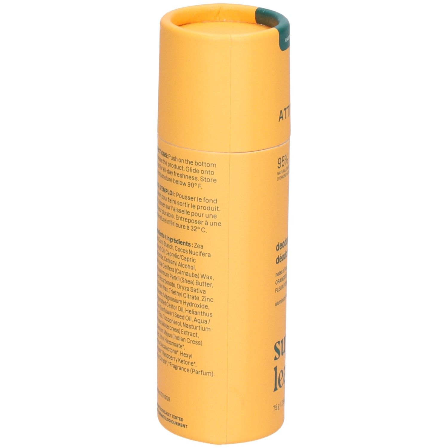 Arrière du déodorant Attitude Super Leaves : ingrédients, mode d'emploi, 75g.