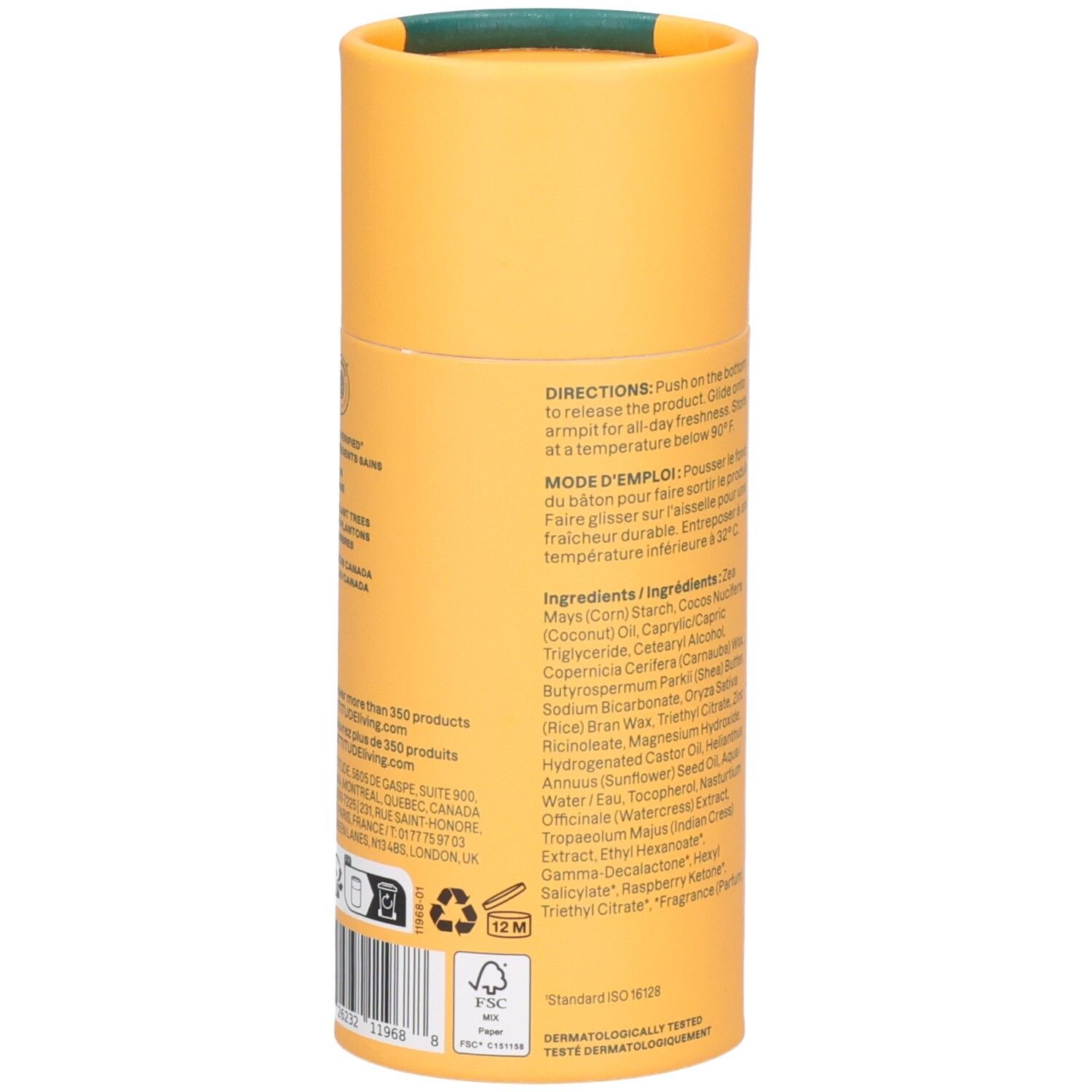 Vue latérale déodorant Attitude Super Leaves : ingrédients, certifications, 75g.