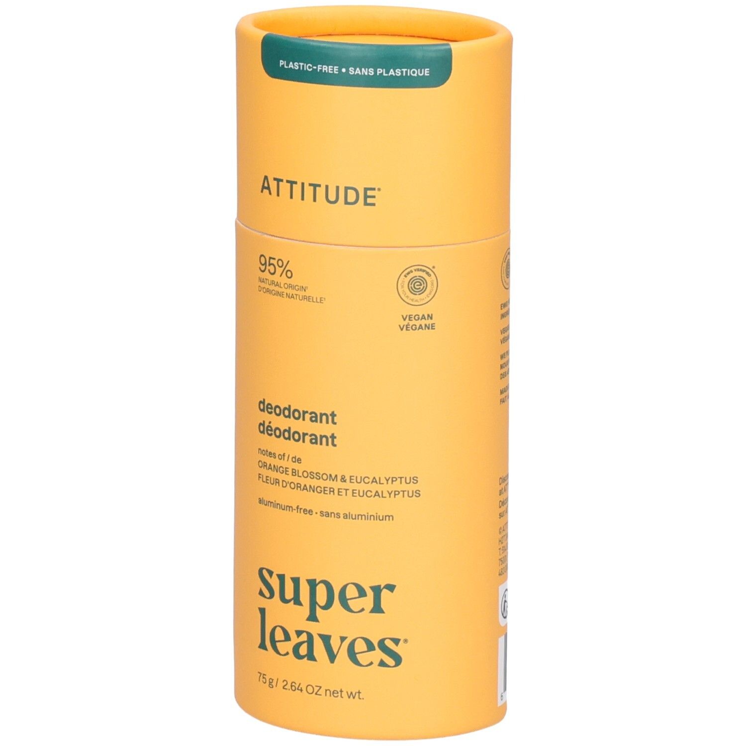Déodorant Attitude Super Leaves Fleur d'Oranger & Eucalyptus, 75g. Sans aluminium.