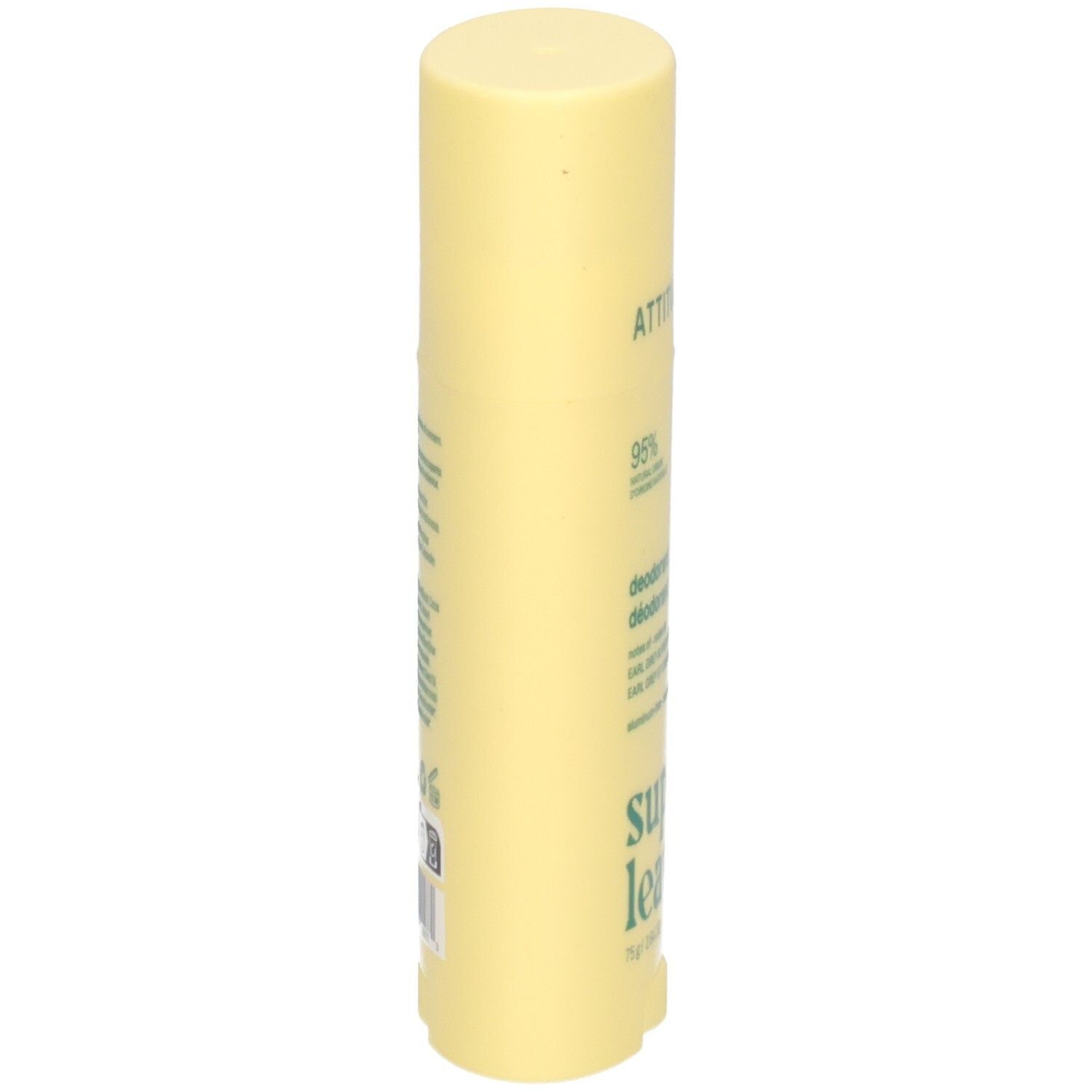 Bâton déodorant ATTITUDE Super Leaves, 75g, vue latérale jaune.