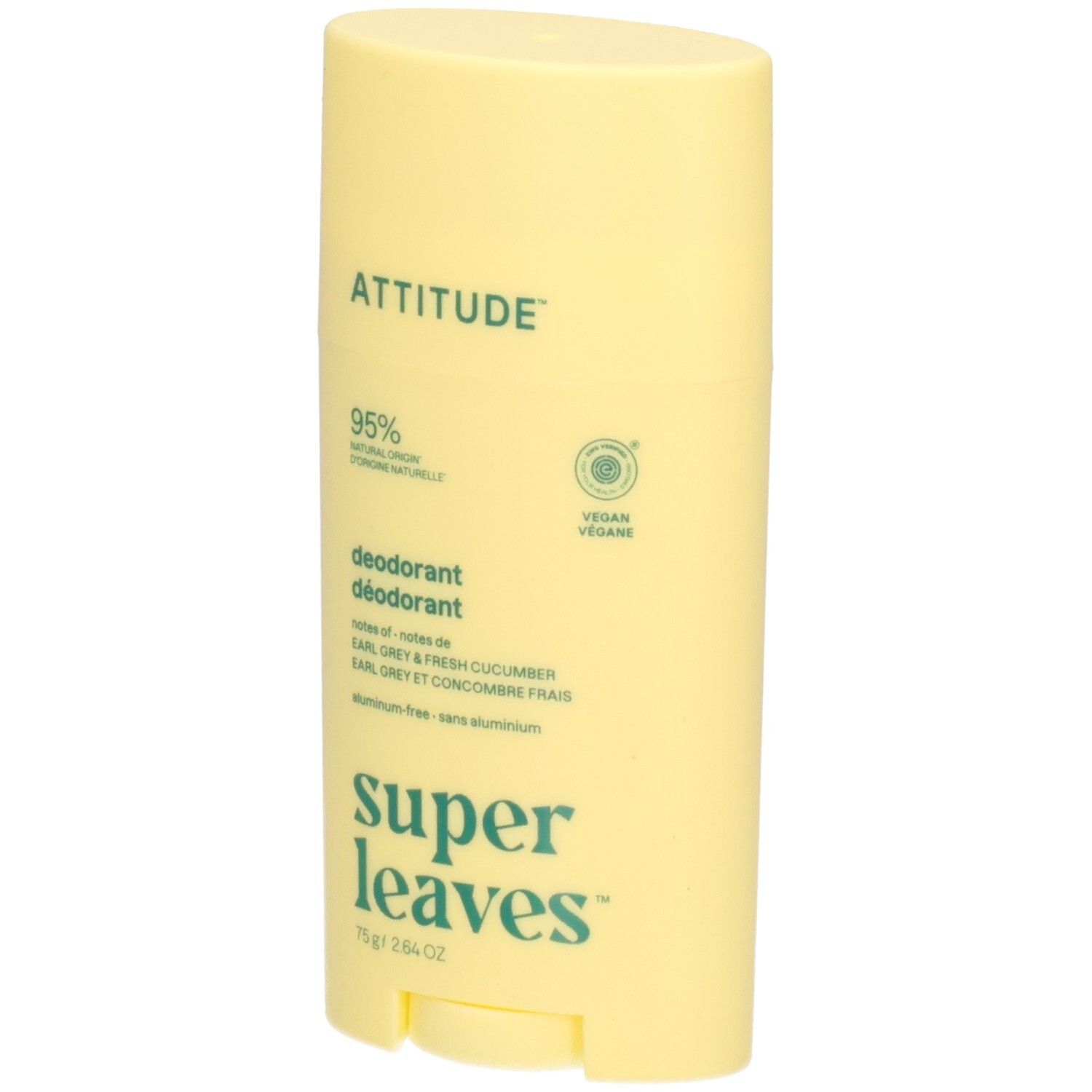 Bâton déodorant ATTITUDE Super Leaves, 75g, jaune.
