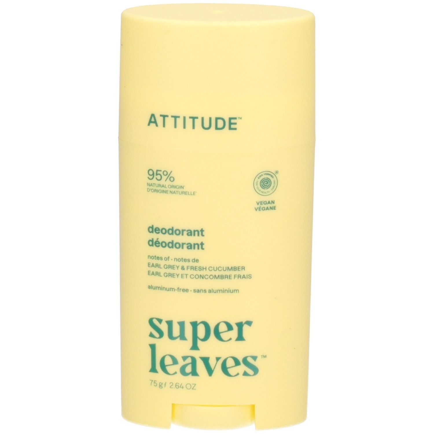 Bâton déodorant ATTITUDE Super Leaves, 75g, jaune.