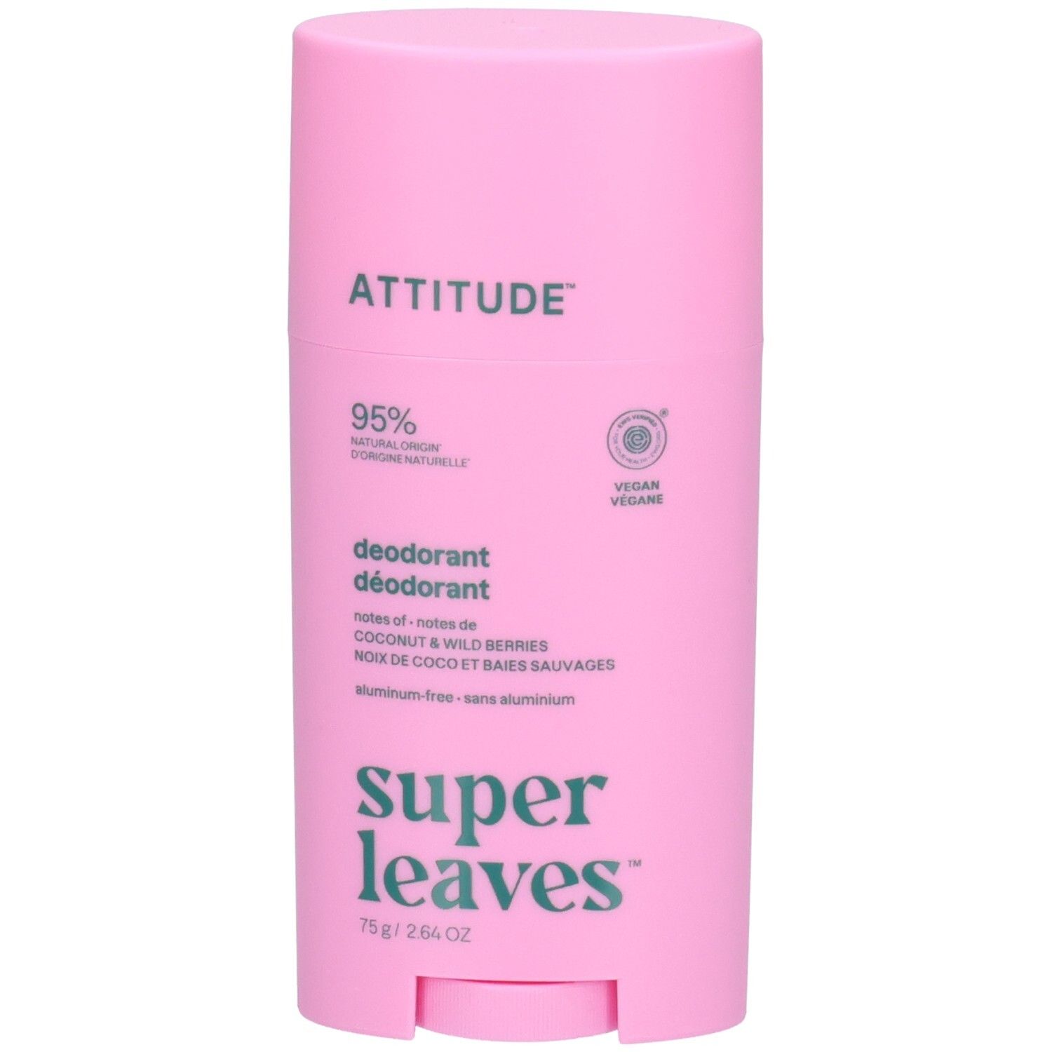 Stick de déodorant rose. Inscriptions : ATTITUDE, Super Leaves, 95% d'origine naturelle, vegan. Texte : Noix de coco et baies sauvages, 75g.