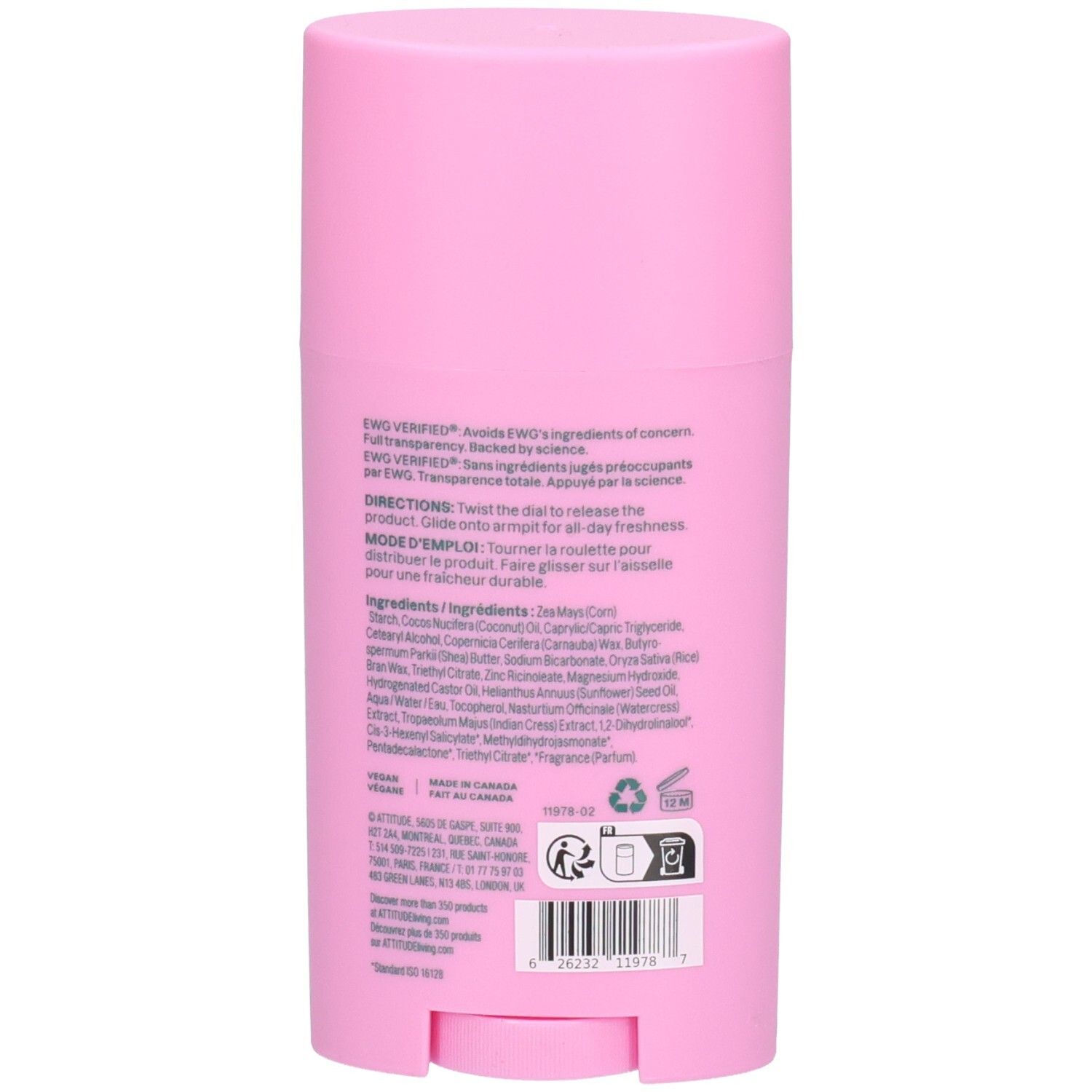 Dos du stick de déodorant rose. Texte : ingrédients, mode d'emploi, certification ECOLOGO, vegan. Code-barres et symboles de recyclage.