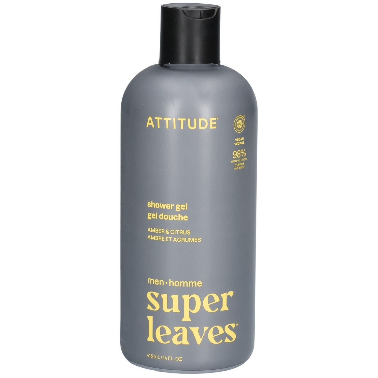 Gel douche ATTITUDE pour hommes, Ambre et Agrumes, bouteille grise.