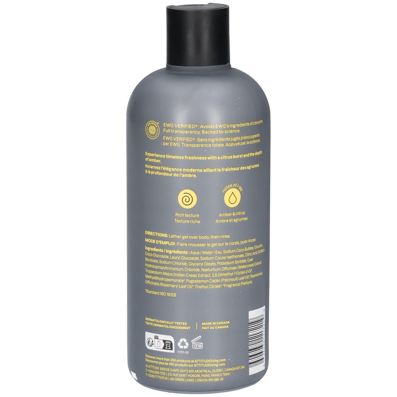 Arrière de la bouteille de gel douche ATTITUDE pour hommes avec ingrédients et certifications.