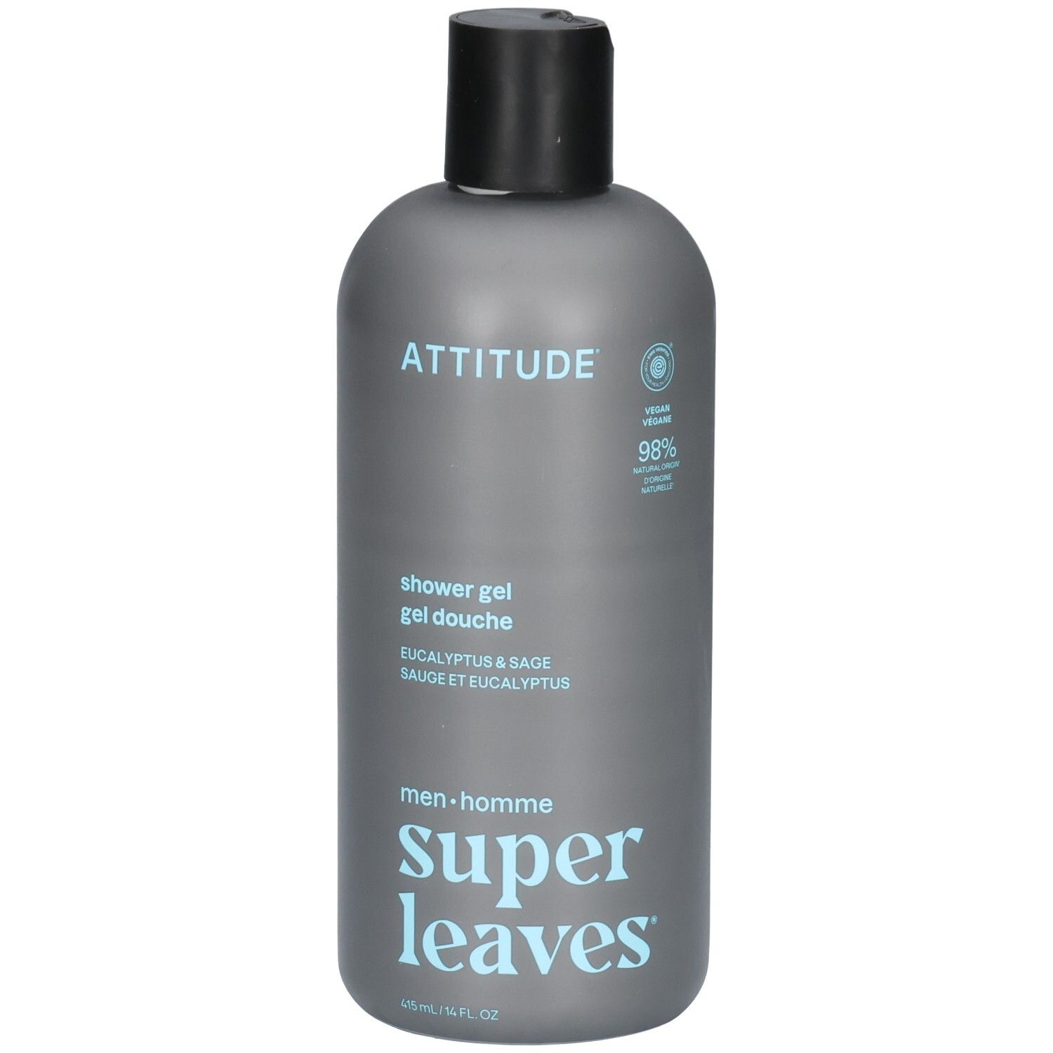 ATTITUDE Super Leaves Gel douche pour hommes, Eucalyptus et Sauge, bouteille grise.