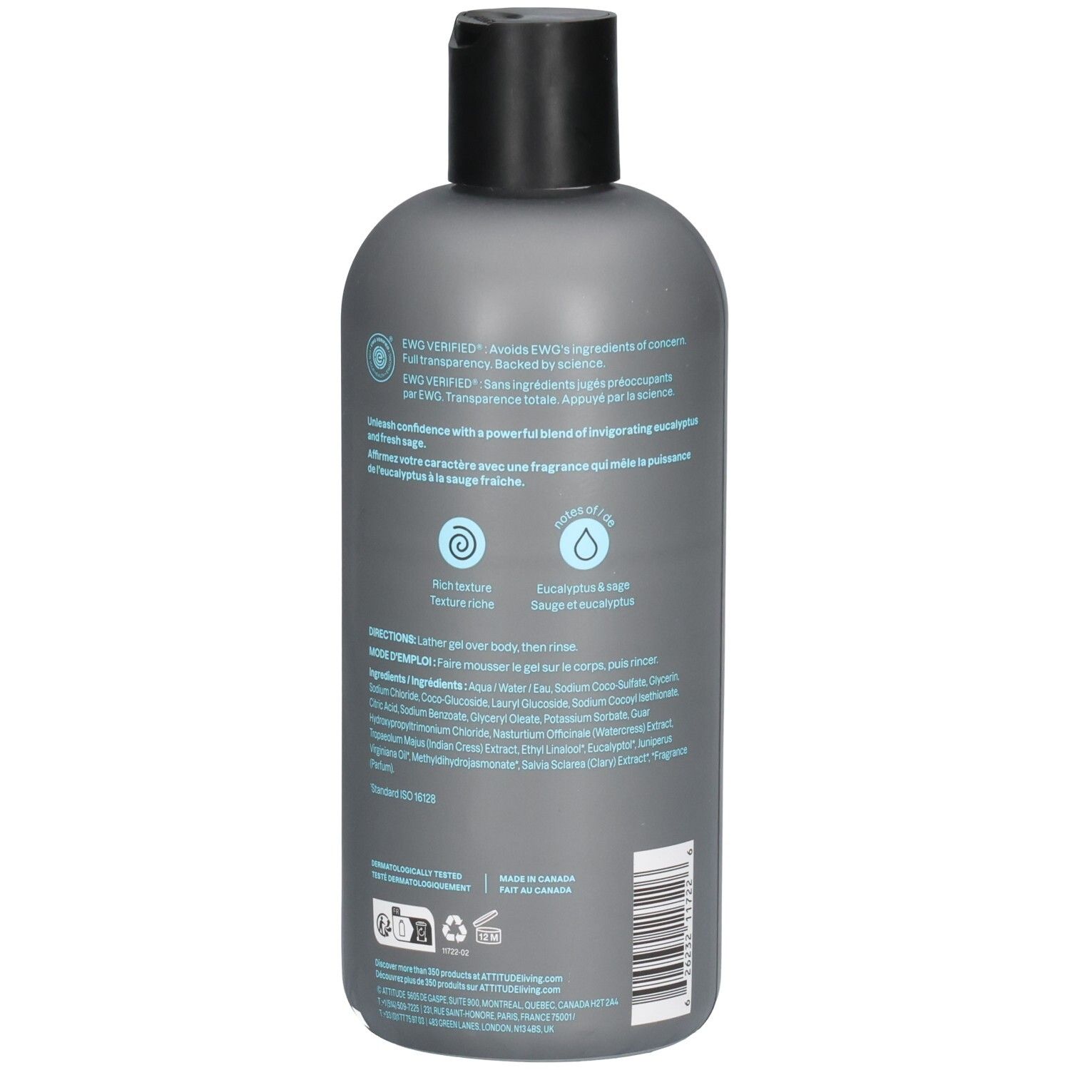 Arrière de la bouteille ATTITUDE Super Leaves Gel douche pour hommes avec ingrédients et certifications.
