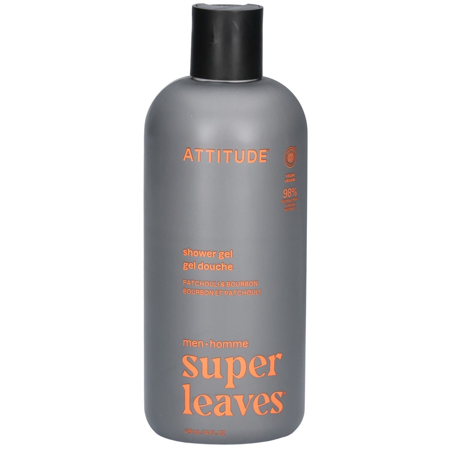 Flacon gris avec bouchon noir. Inscription orange : ATTITUDE, gel douche, men-homme, super leaves. Logo 96% ingrédients d'origine naturelle.
