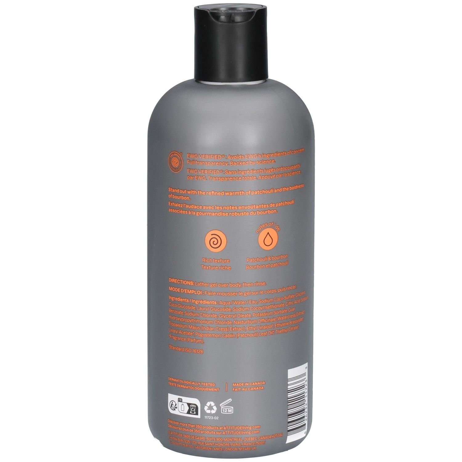 Dos d'un flacon gris avec bouchon noir. Textes et logos oranges. Contient des informations sur les ingrédients et l'utilisation.