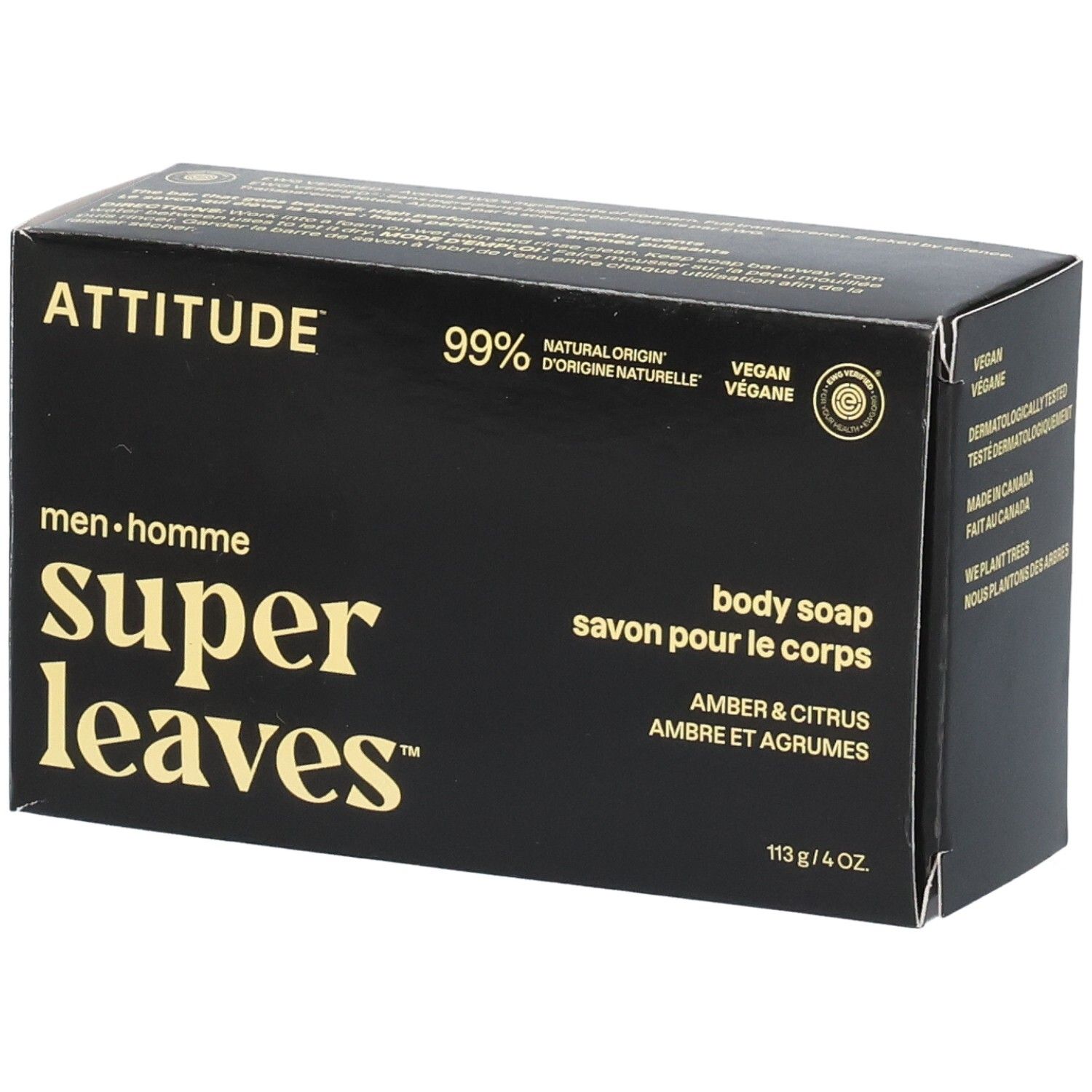 Emballage ATTITUDE Super Leaves Savon pour le Corps Ambre et Agrumes. 99% d'origine naturelle, végan.