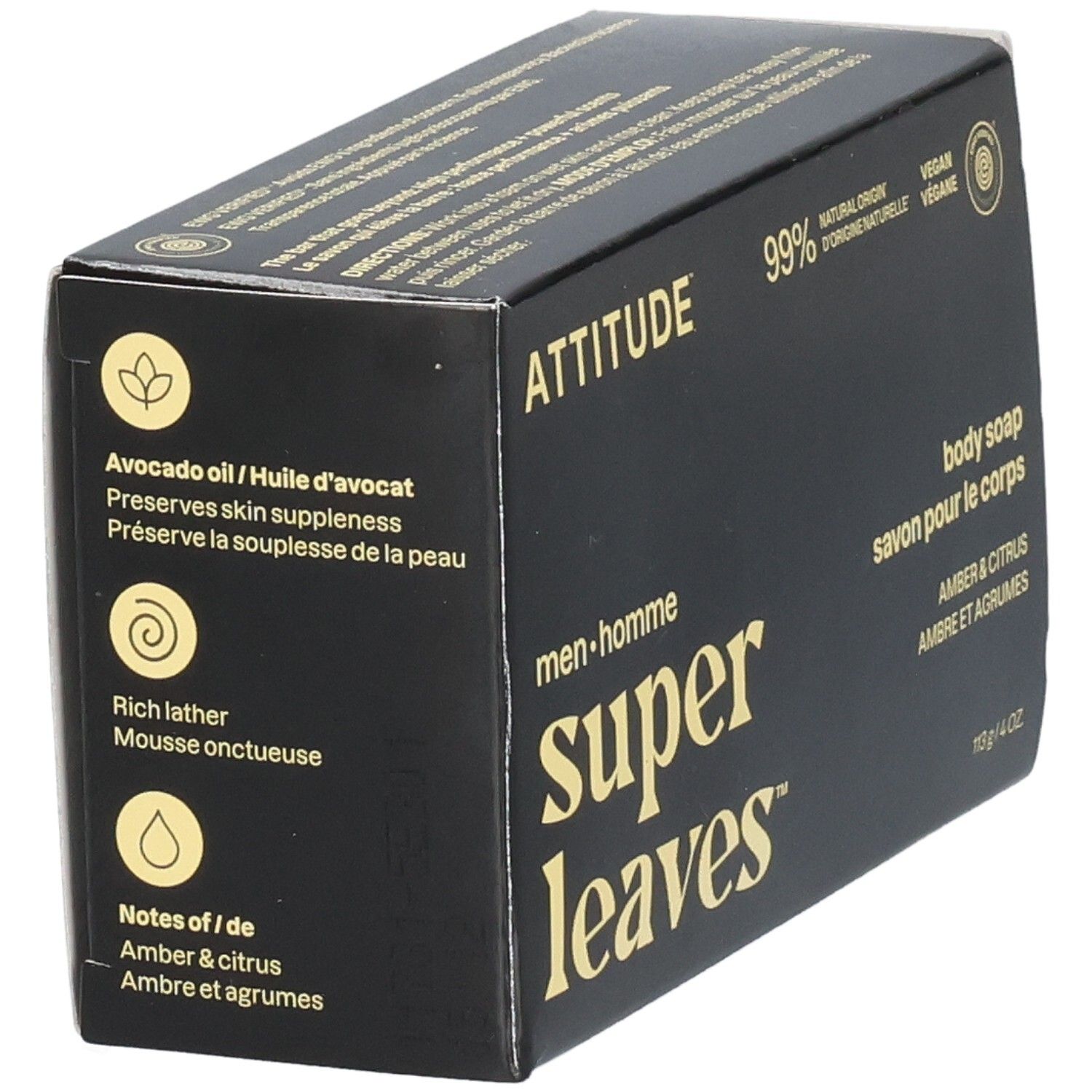 Emballage ATTITUDE Super Leaves Savon pour le Corps Ambre et Agrumes avec huile d'avocat et mousse riche.