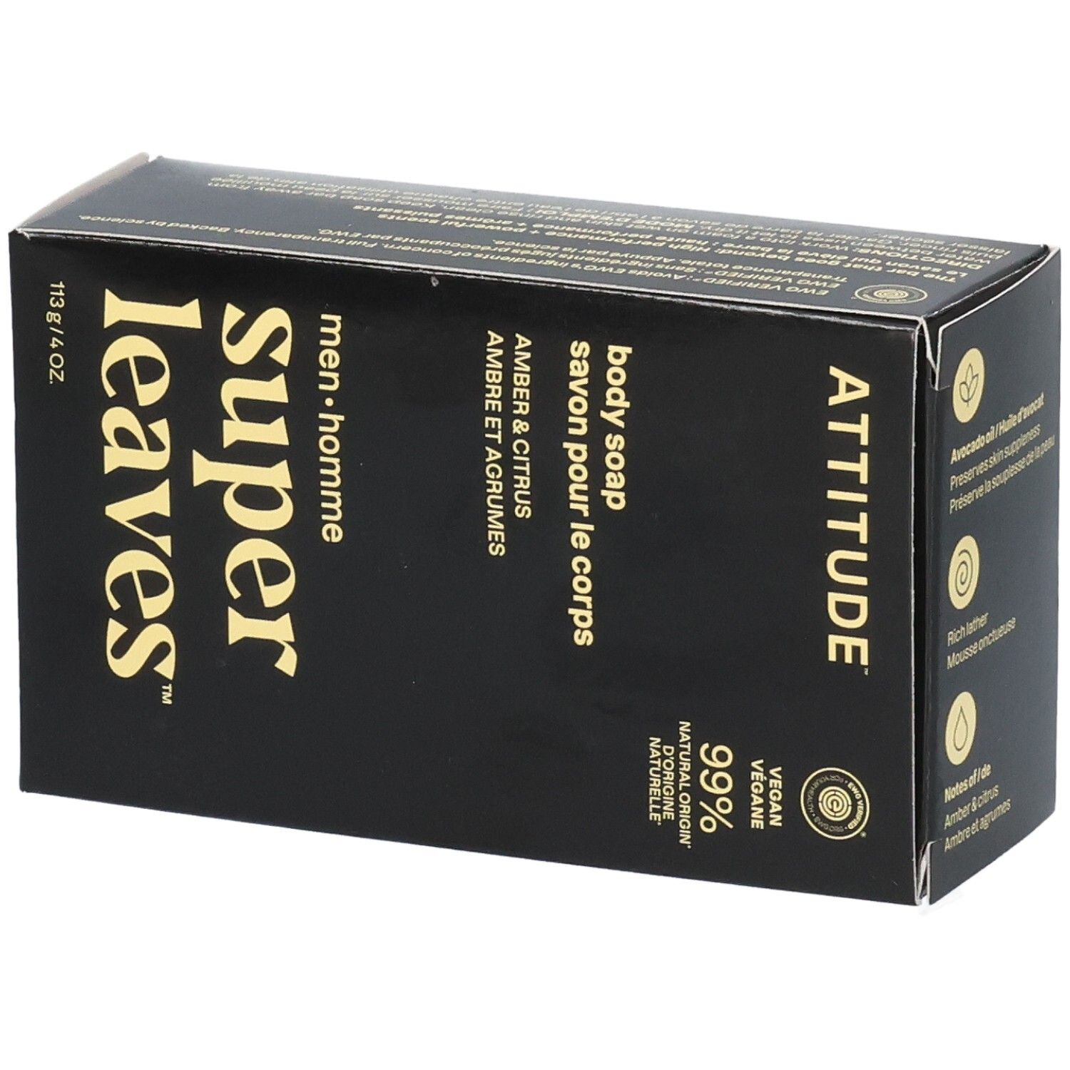 Emballage ATTITUDE Super Leaves Savon pour le Corps Ambre et Agrumes. 113g / 4oz. Végan, testé dermatologiquement.