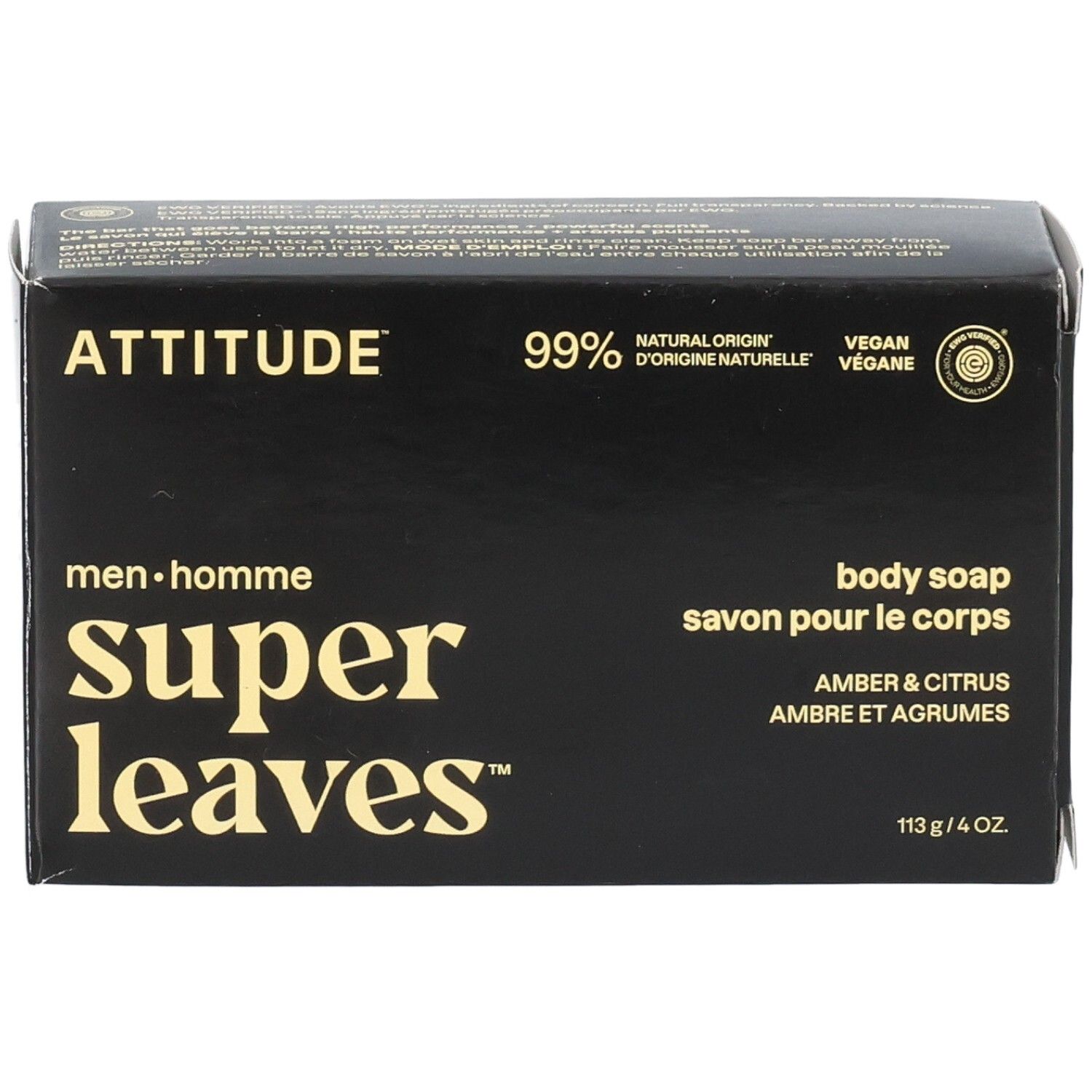 Emballage ATTITUDE Super Leaves Savon pour le Corps Ambre et Agrumes. 99% d'origine naturelle, végan.
