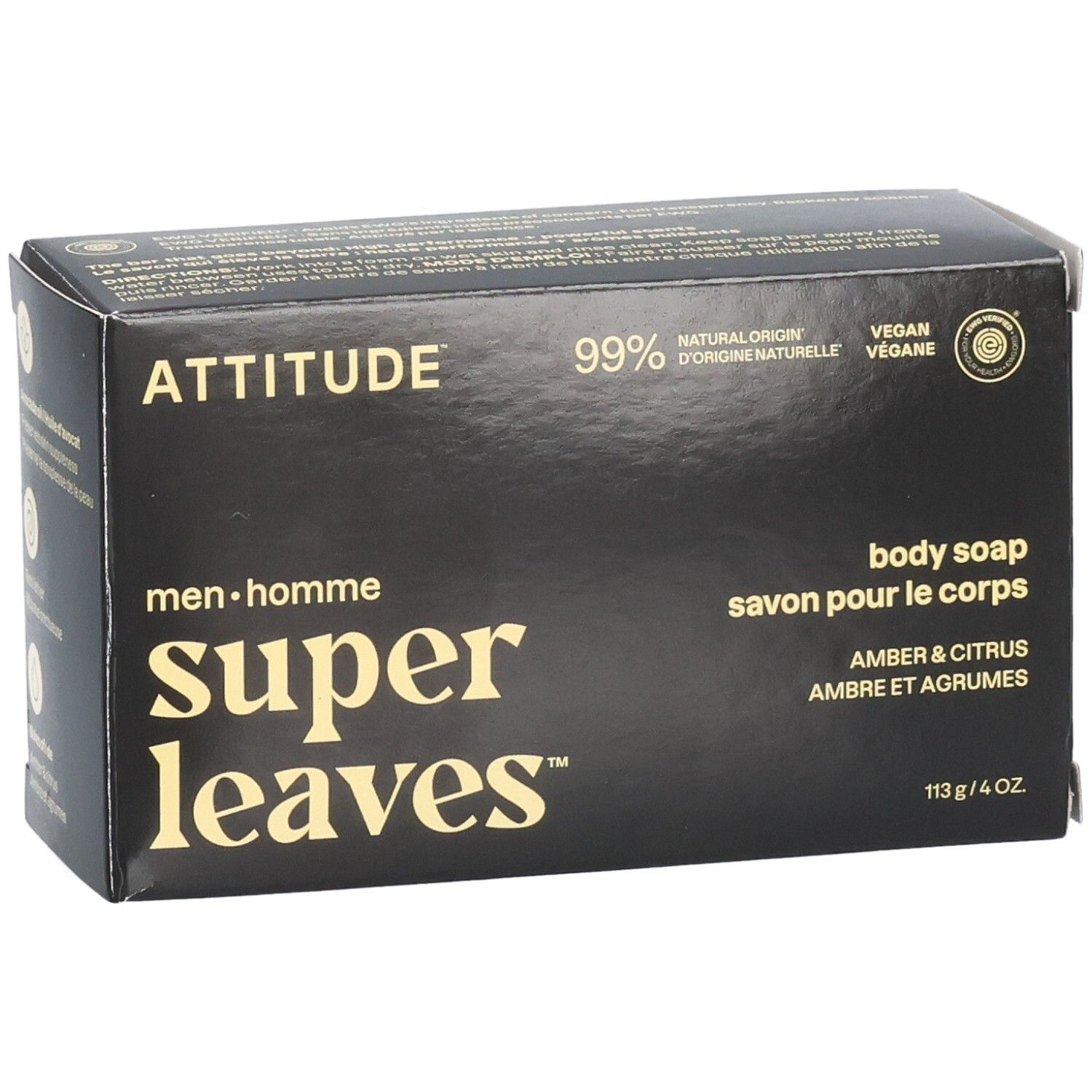 Emballage ATTITUDE Super Leaves Savon pour le Corps Ambre et Agrumes. 113g / 4oz. Végan, testé dermatologiquement.