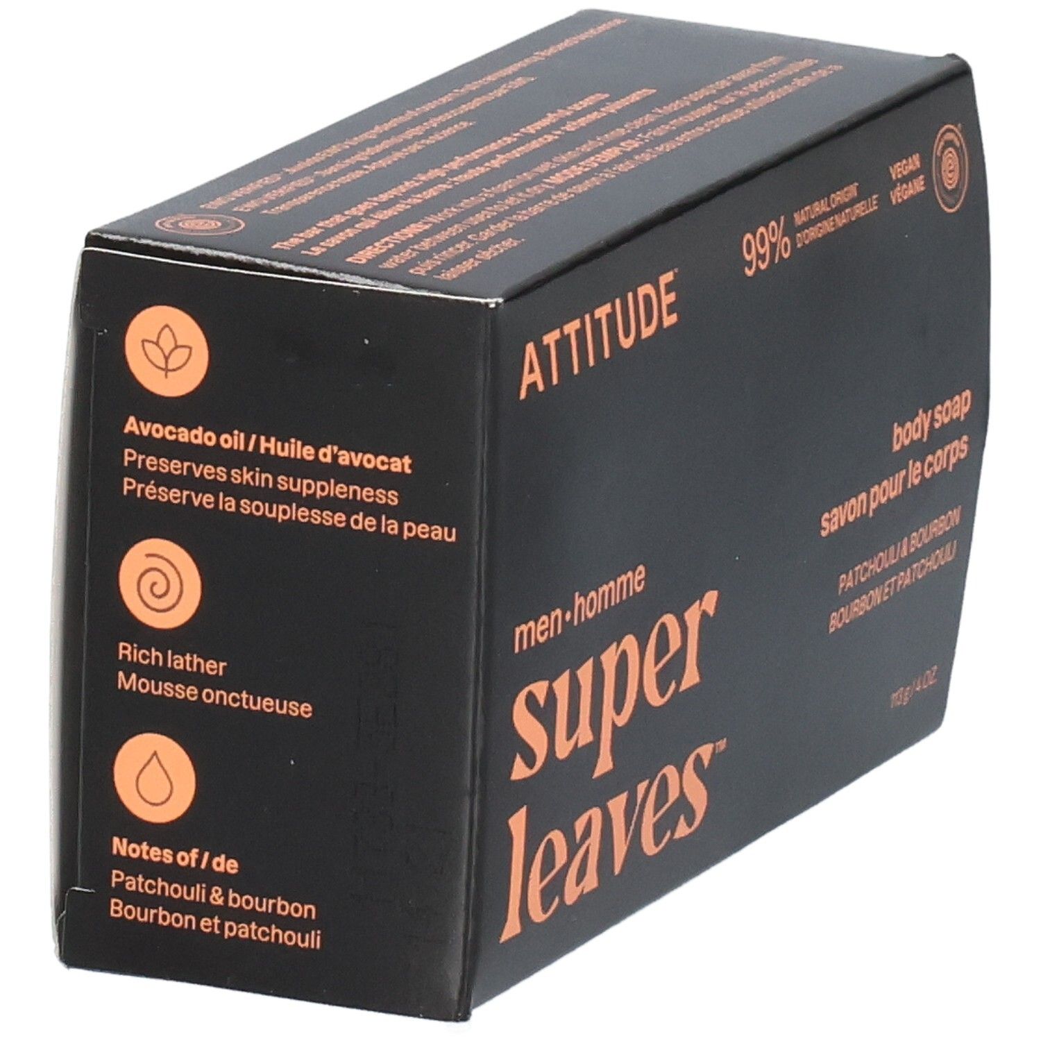 ATTITUDE Super Leaves Savon pour le Corps Patchouli & Bourbon carton avec caractéristiques du produit.