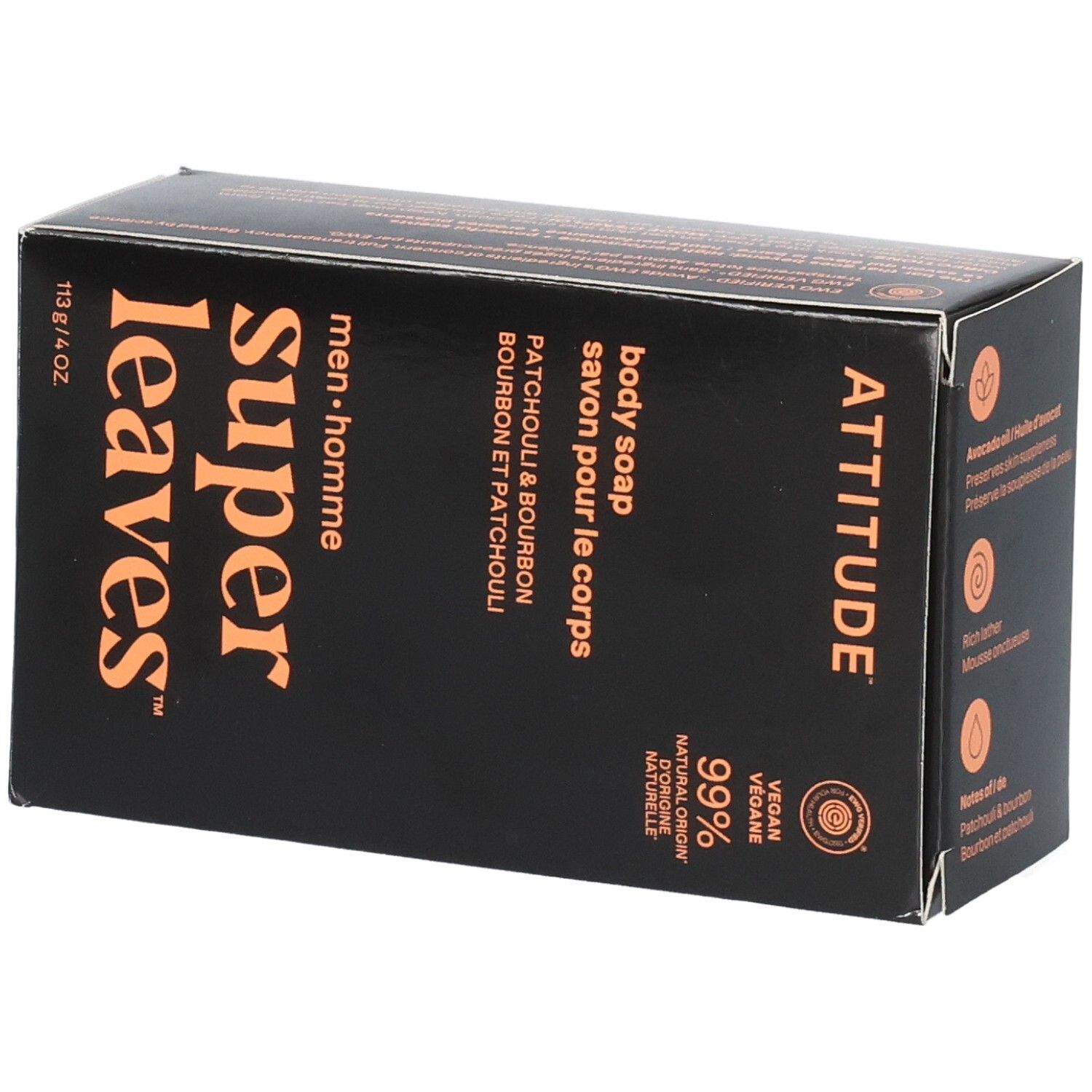 ATTITUDE Super Leaves Savon pour le Corps Patchouli & Bourbon carton, face avant avec nom du produit.