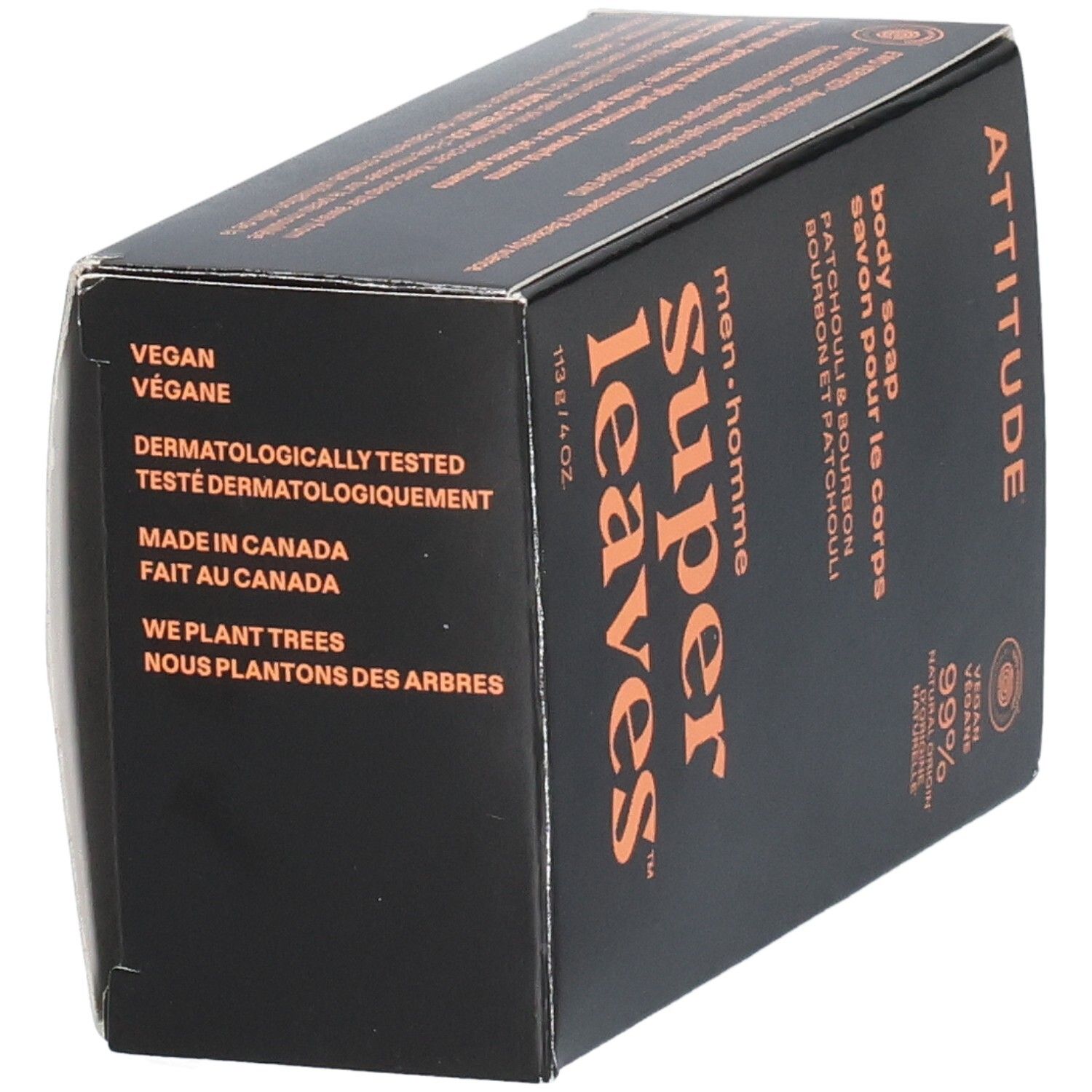 ATTITUDE Super Leaves Savon pour le Corps Patchouli & Bourbon carton, côté avec certifications.