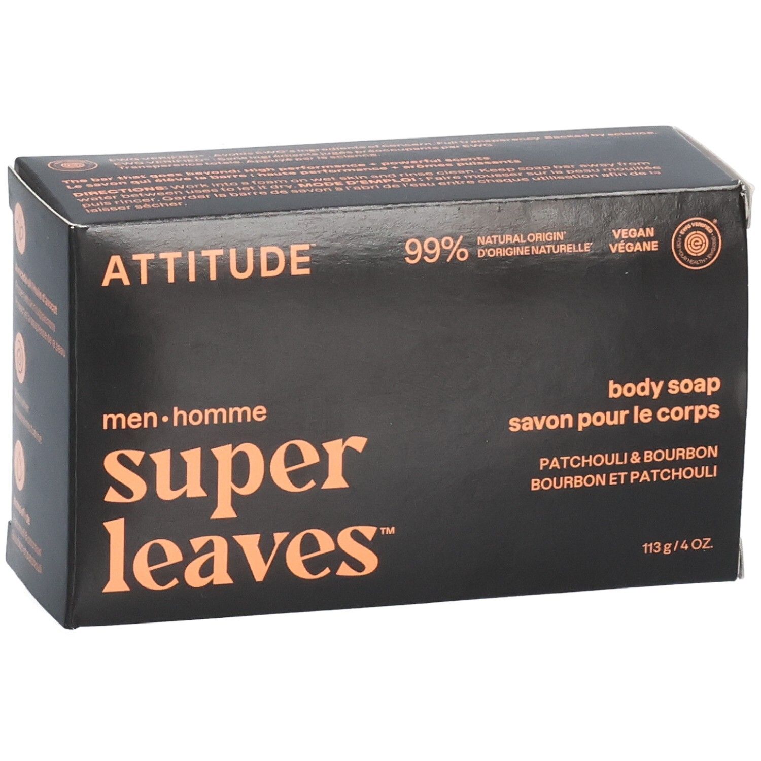 ATTITUDE Super Leaves Savon pour le Corps Patchouli & Bourbon carton, légèrement de trois-quarts avant.