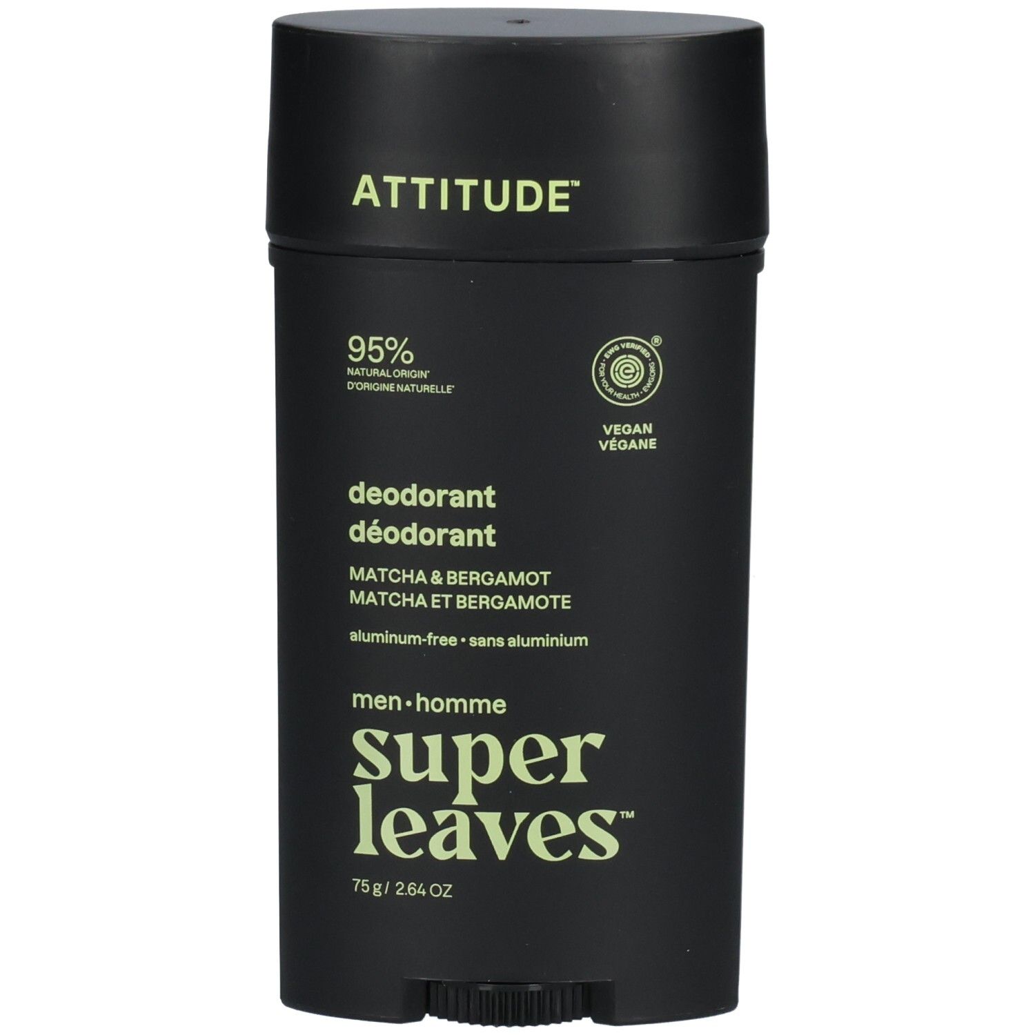 ATTITUDE Super Leaves Déodorant Homme Matcha & Bergamot, 75g. Flacon noir avec inscriptions claires. "95% Natural Origin", "Vegan".