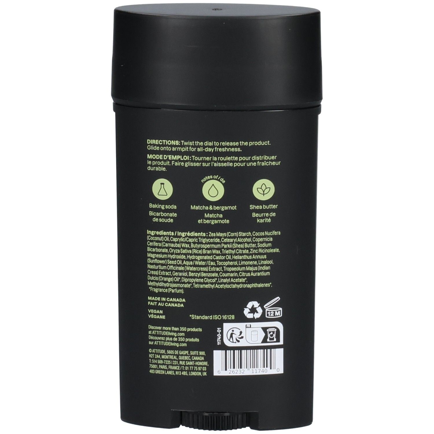 Arrière du ATTITUDE Super Leaves Déodorant Homme Matcha & Bergamot. Contient les ingrédients et les instructions. "Vegan", "Fabriqué au Canada".