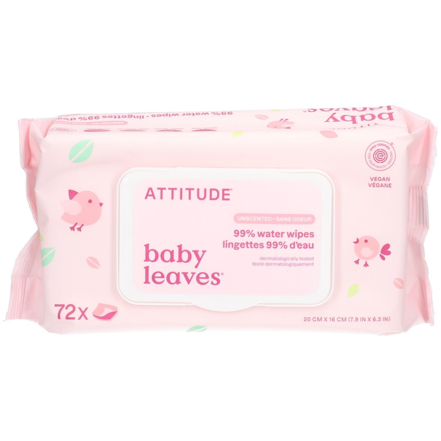 Lingettes ATTITUDE Baby Leaves, 72 pièces, 99% eau, véganes.