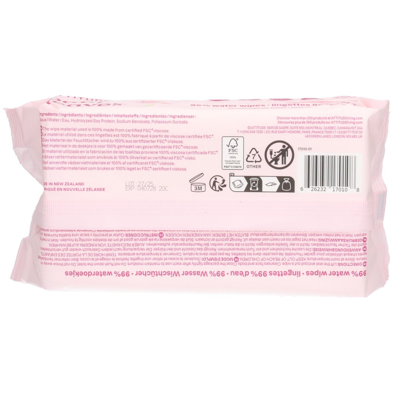Dos de la pochette de lingettes ATTITUDE Baby Leaves avec ingrédients et certifications.